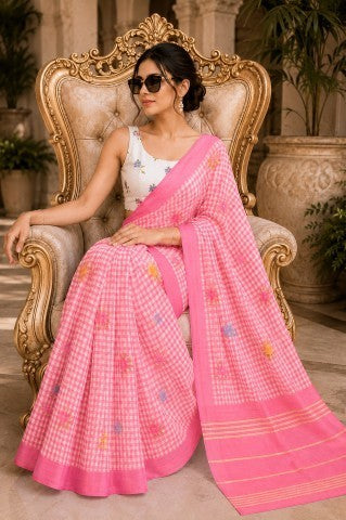 Pink Checked Printed Linen Blend Party Wear Saree