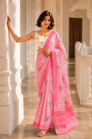 Pink Checked Printed Linen Blend Party Wear Saree