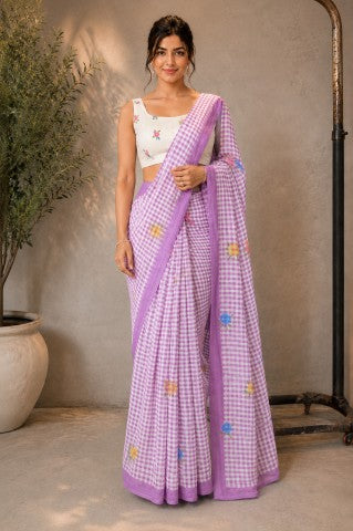 Lavender Checked Printed Linen Blend Party Wear Saree