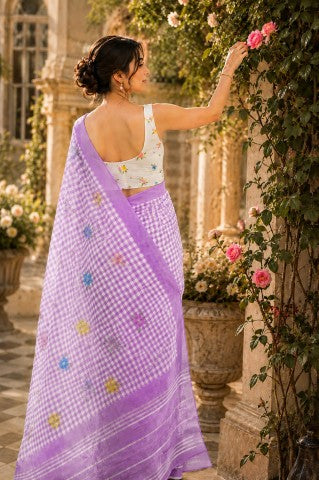 Lavender Checked Printed Linen Blend Party Wear Saree