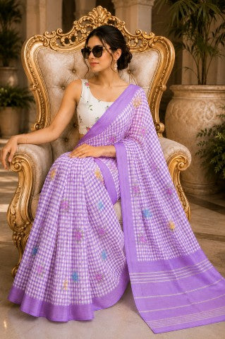 Lavender Checked Printed Linen Blend Party Wear Saree