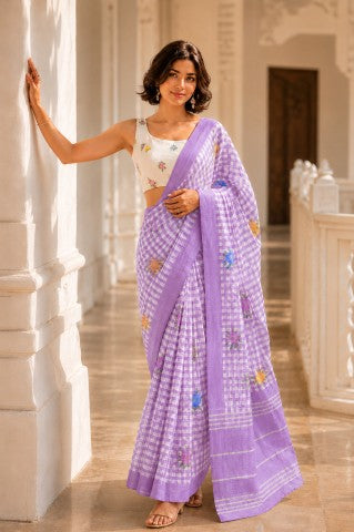Lavender Checked Printed Linen Blend Party Wear Saree