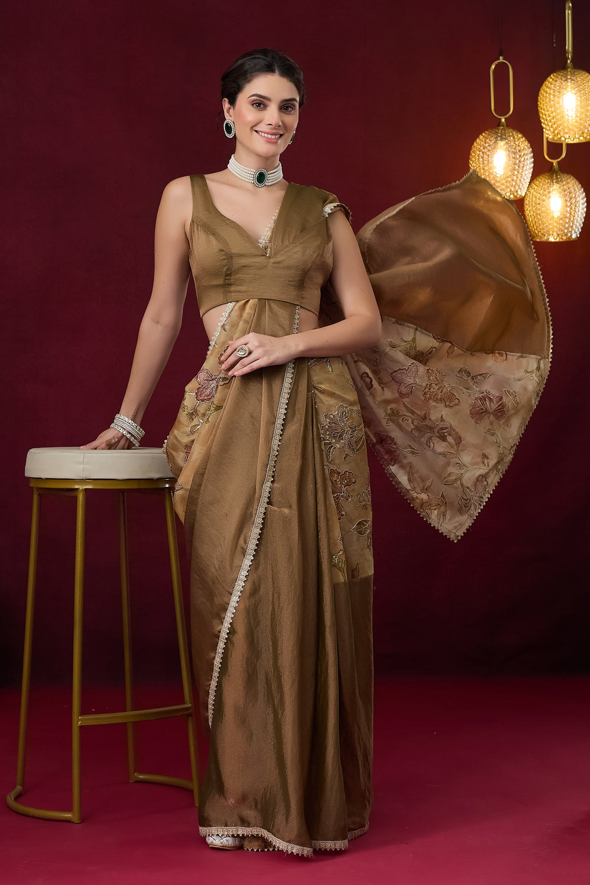Gold Floral Embroidered Silk Ready to Wear Saree