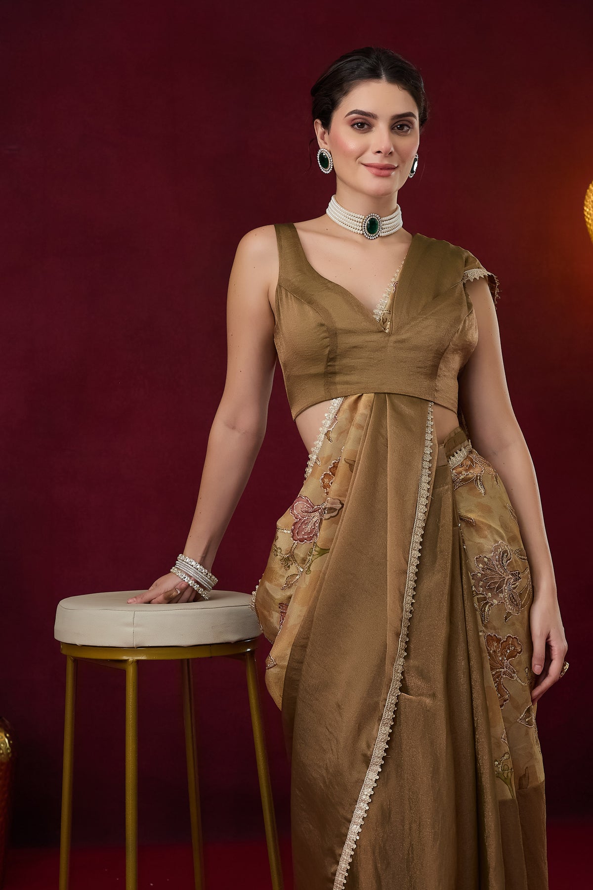 Gold Floral Embroidered Silk Ready to Wear Saree