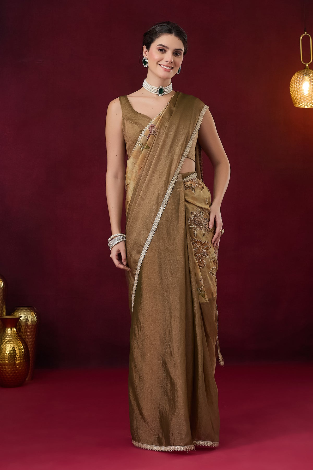Gold Floral Embroidered Silk Ready to Wear Saree