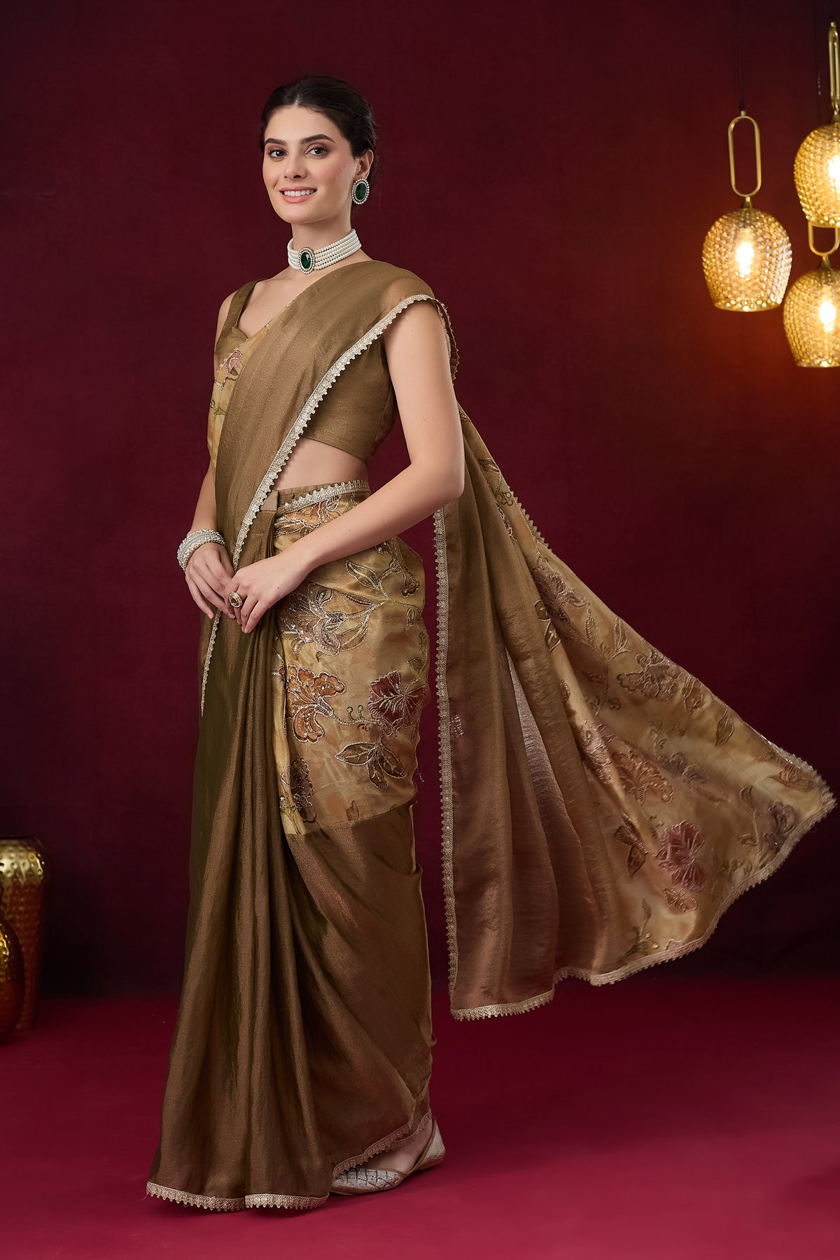 Gold Floral Embroidered Silk Ready to Wear Saree