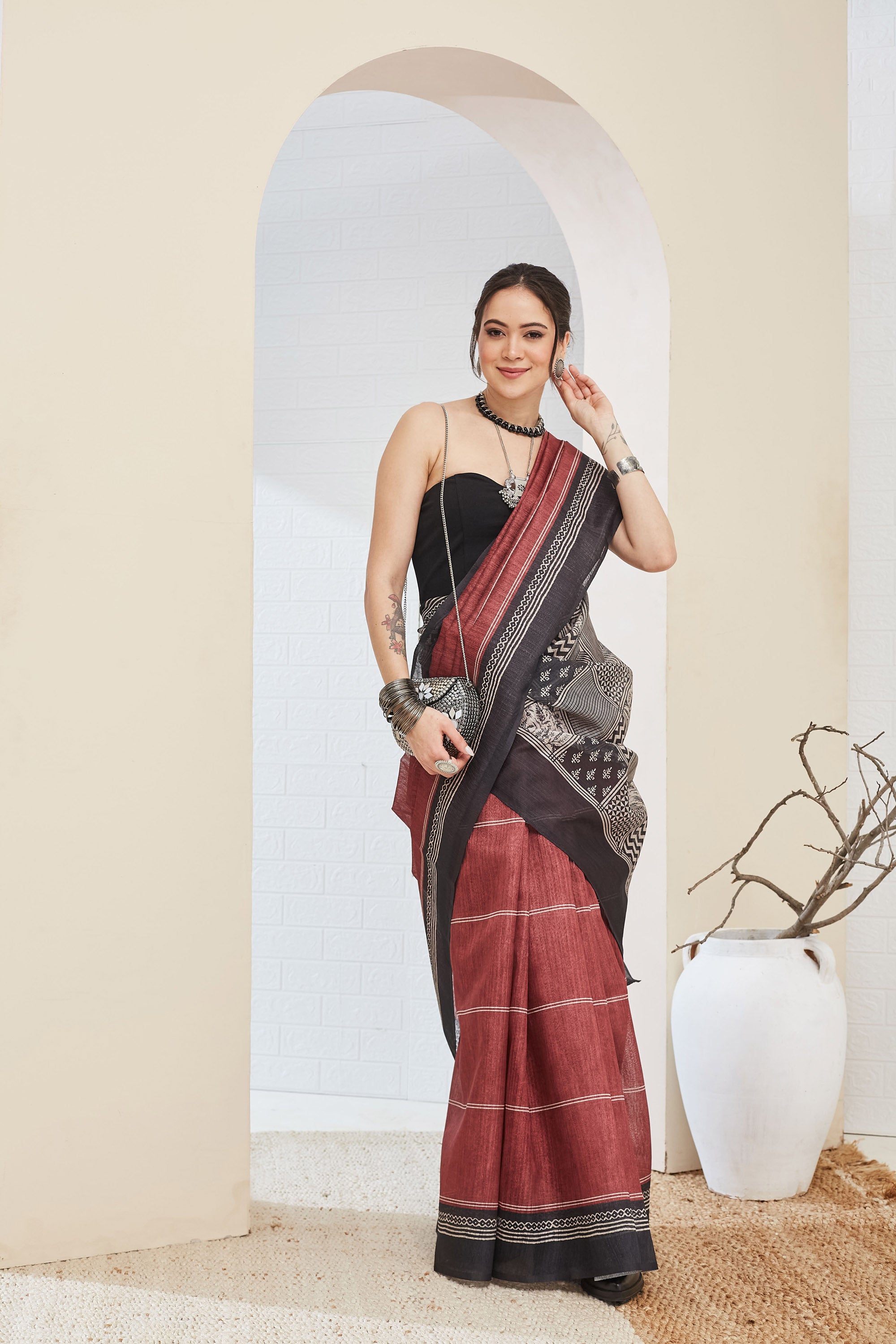Amazing Brown Color Silk  Ready To Wear Saree