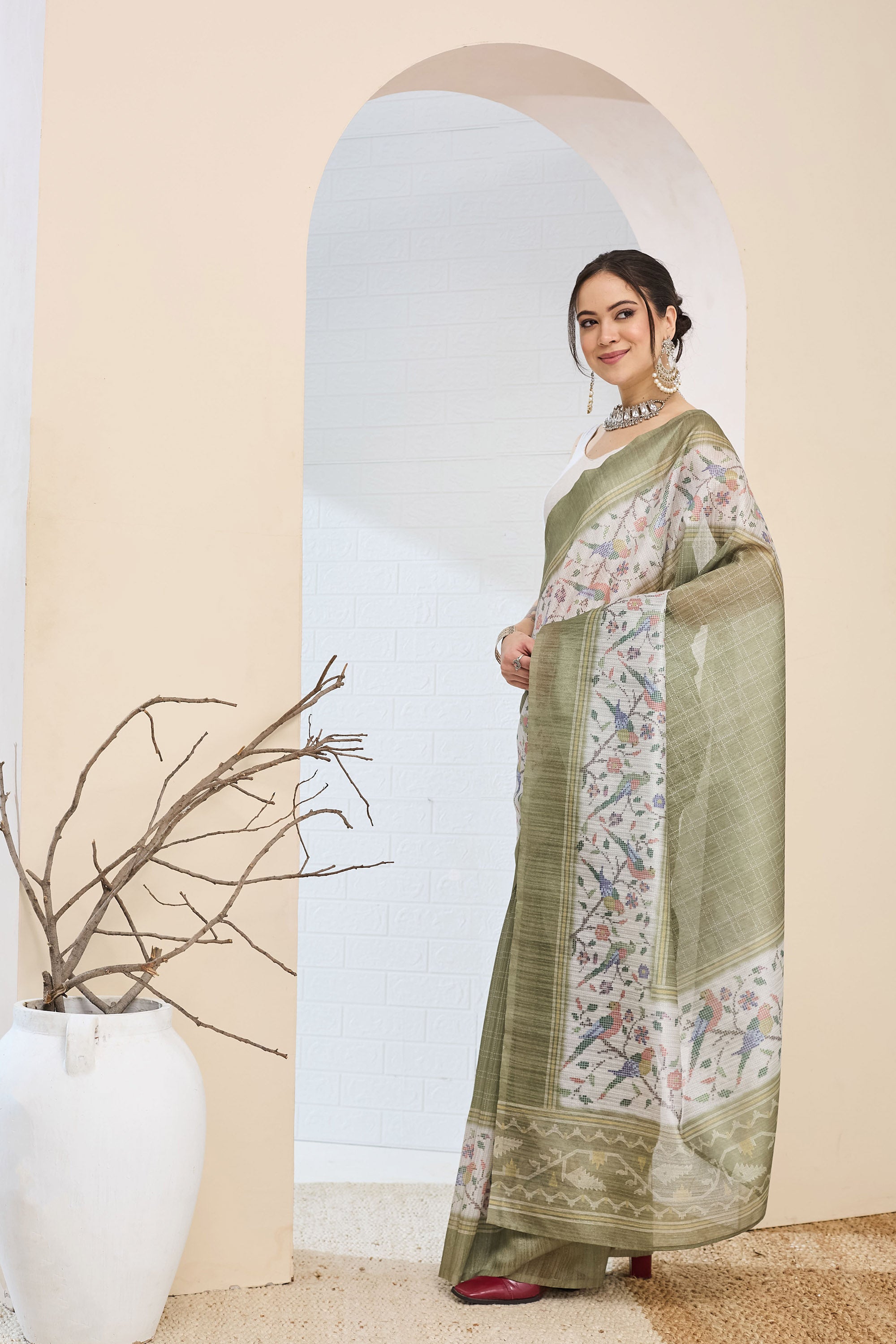 Olive Green Geometric Printed Silk Blend Ready To Wear Saree