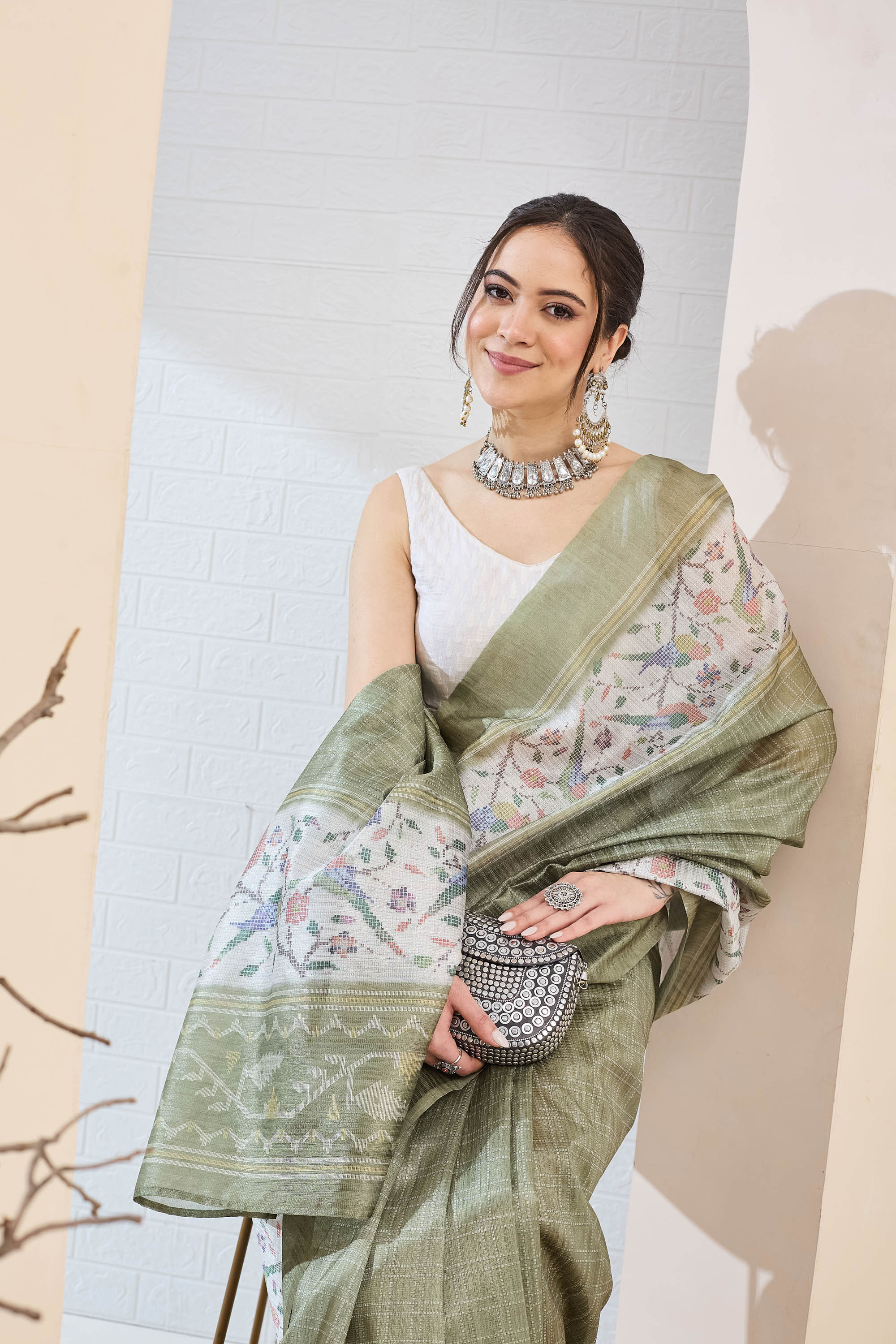 Olive Green Geometric Printed Silk Blend Ready To Wear Saree