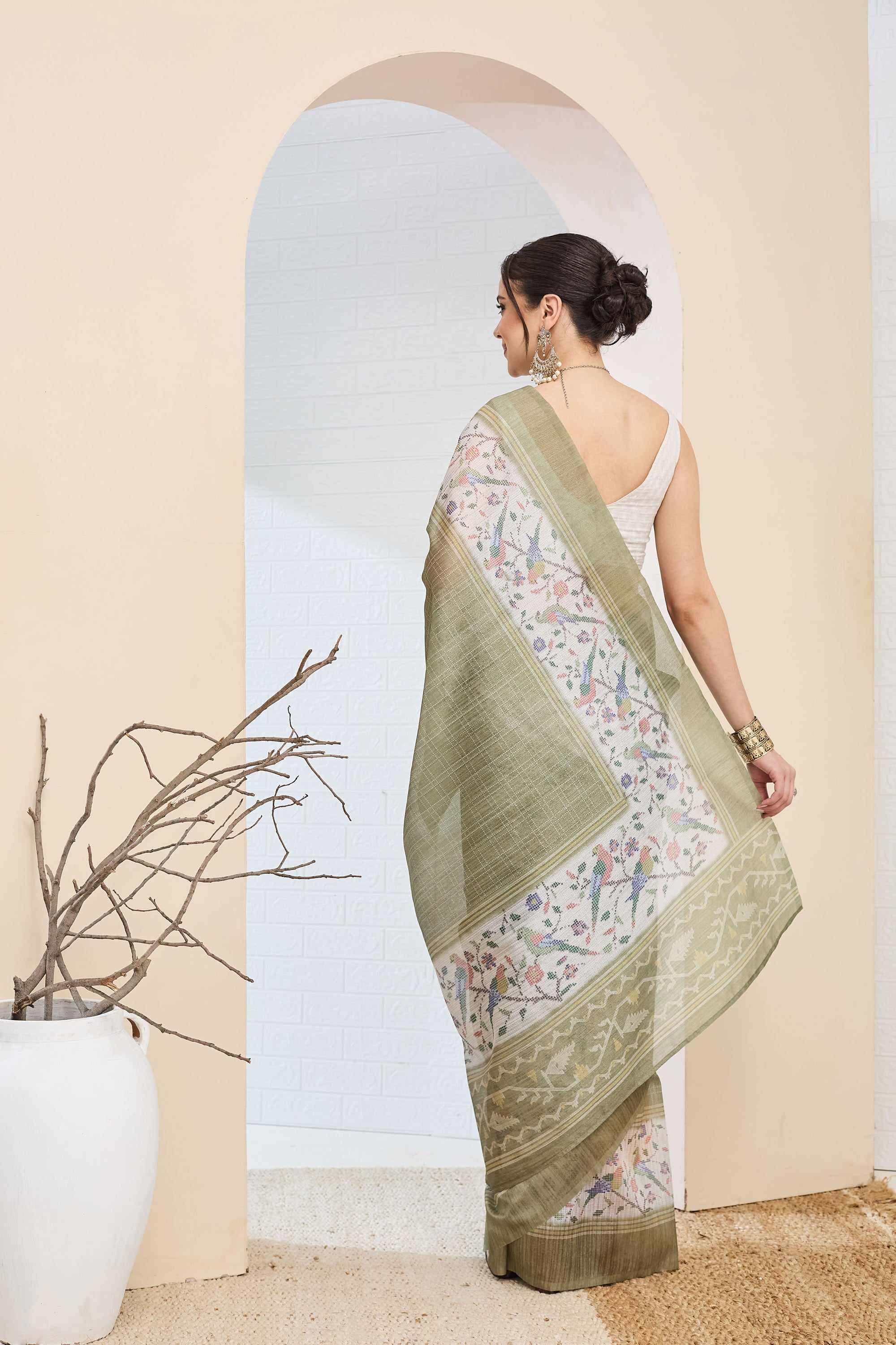 Olive Green Geometric Printed Silk Blend Ready To Wear Saree