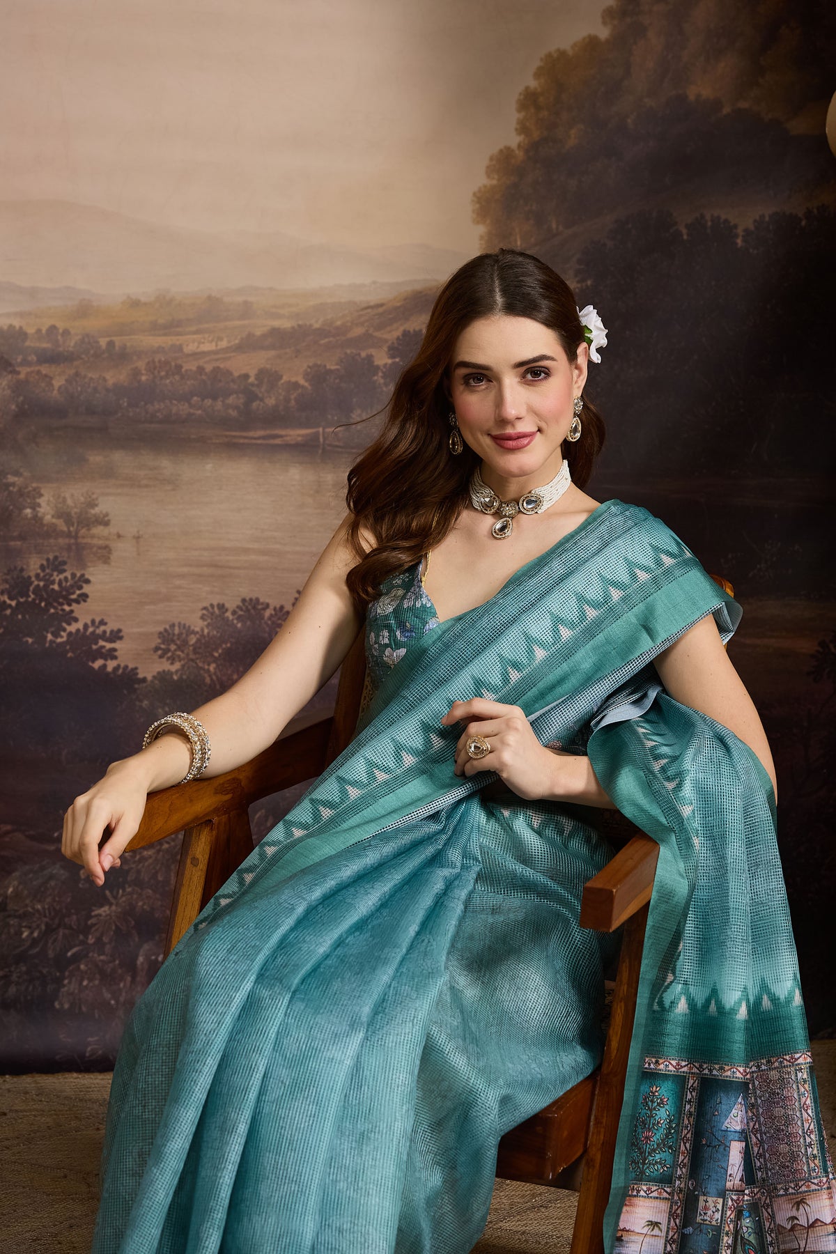 Teal Abstract Printed Silk Blend Party Wear Saree
