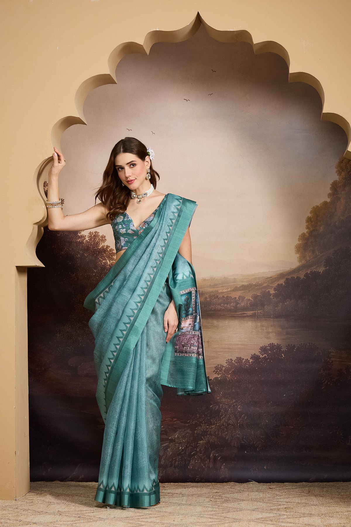 Teal Abstract Printed Silk Blend Party Wear Saree