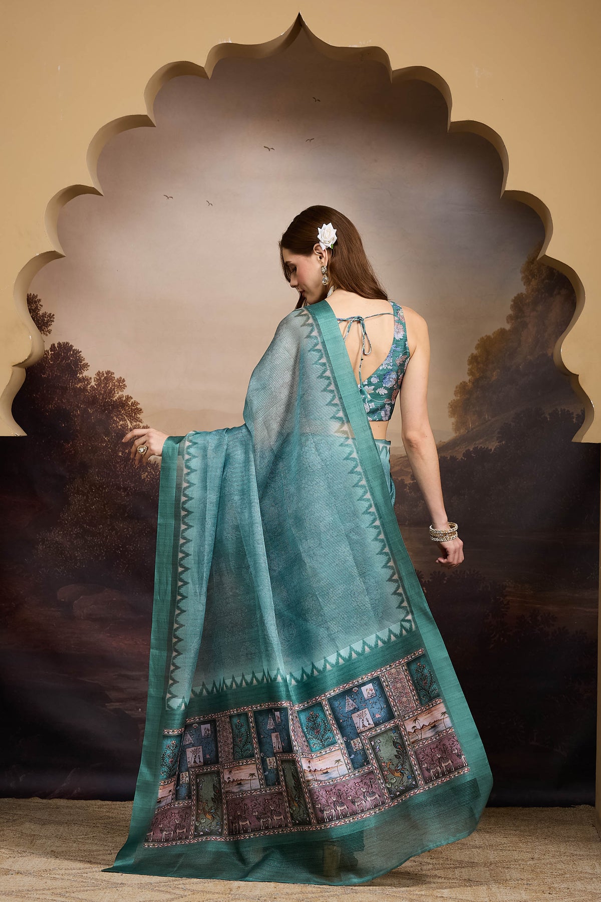 Teal Abstract Printed Silk Blend Party Wear Saree