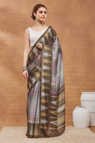 Brown Color Checked Printed Satin Ready to Wear Saree