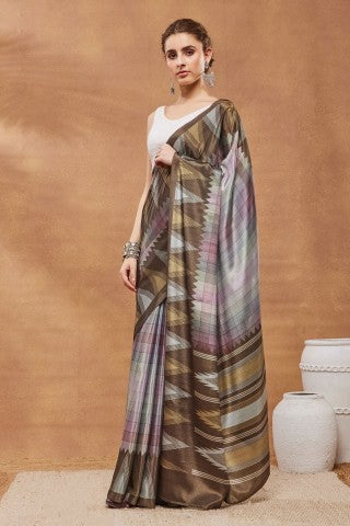 Brown Color Checked Printed Satin Ready to Wear Saree