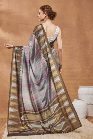 Brown Color Checked Printed Satin Ready to Wear Saree