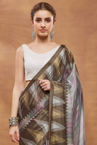 Brown Color Checked Printed Satin Ready to Wear Saree