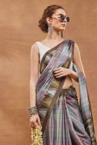 Brown Color Checked Printed Satin Ready to Wear Saree