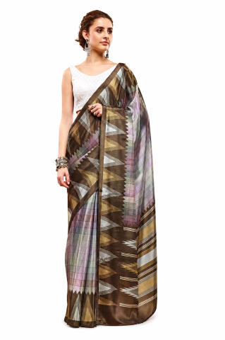 Brown Color Checked Printed Satin Ready to Wear Saree
