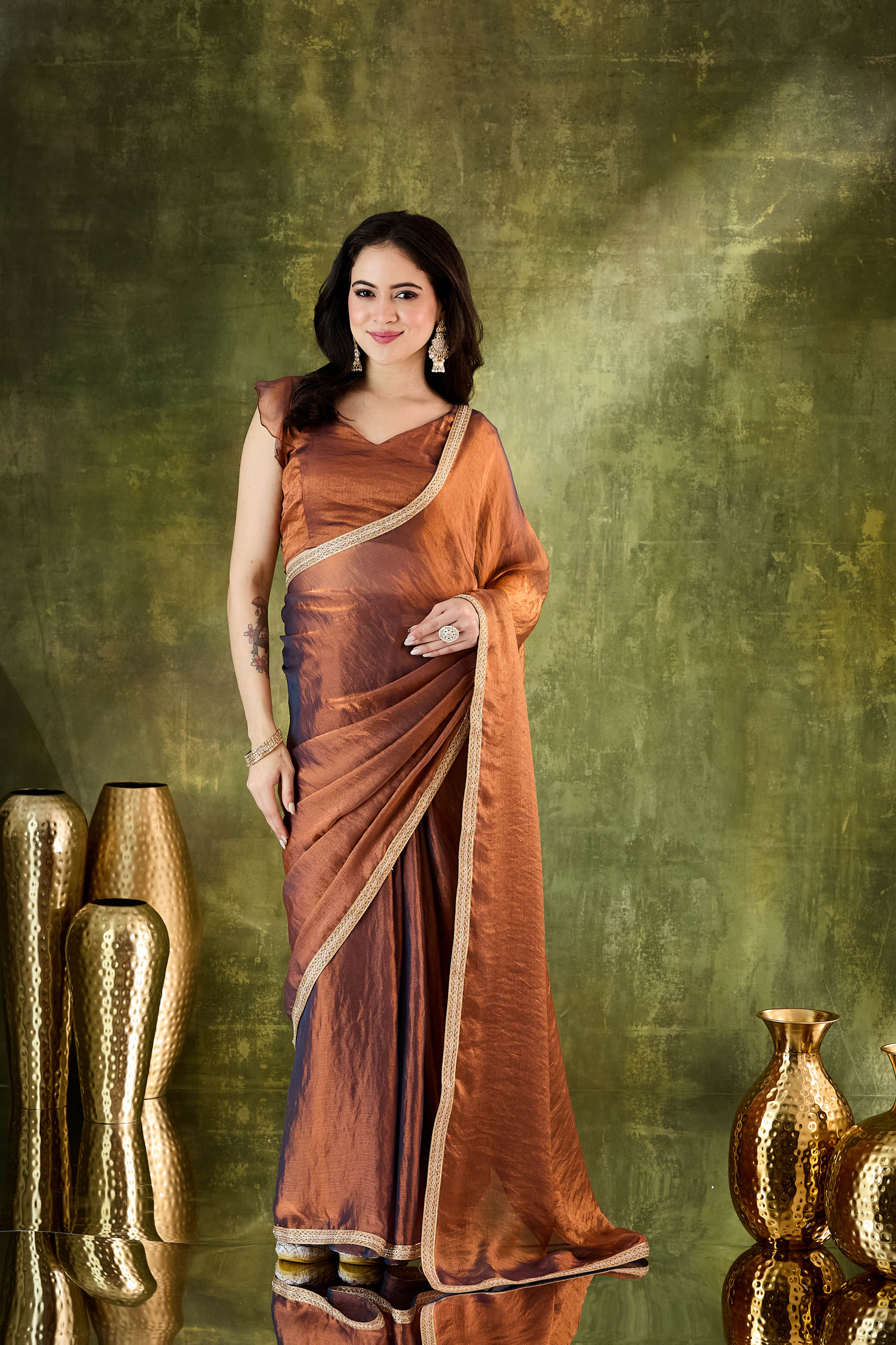 Rust Silk Blend Ready To Wear Saree with Zari Border
