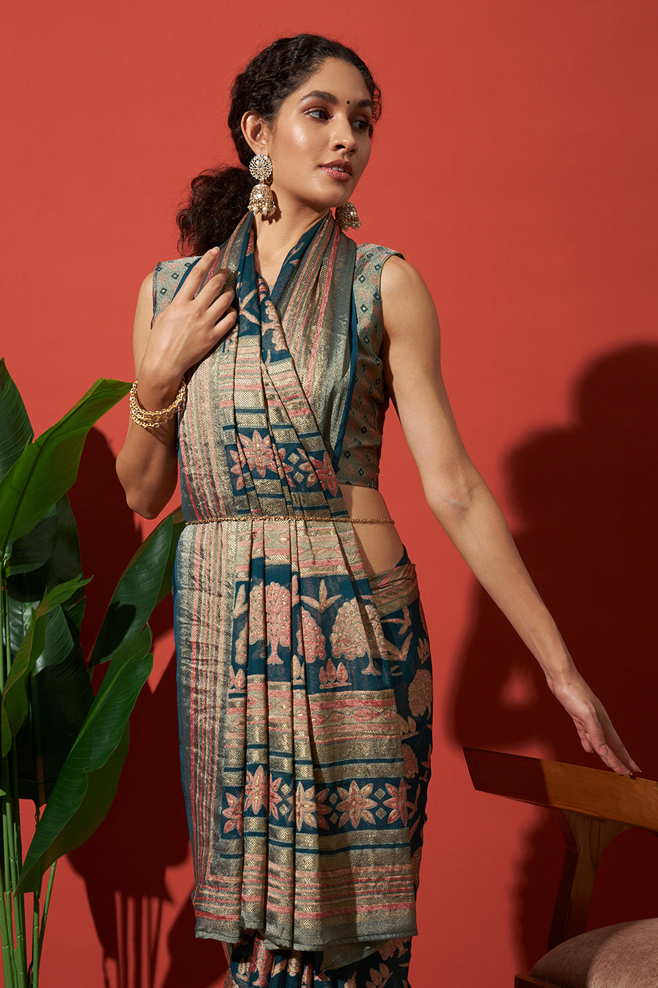 Batik Printed Moss Brasso Saree With Foil Print Border