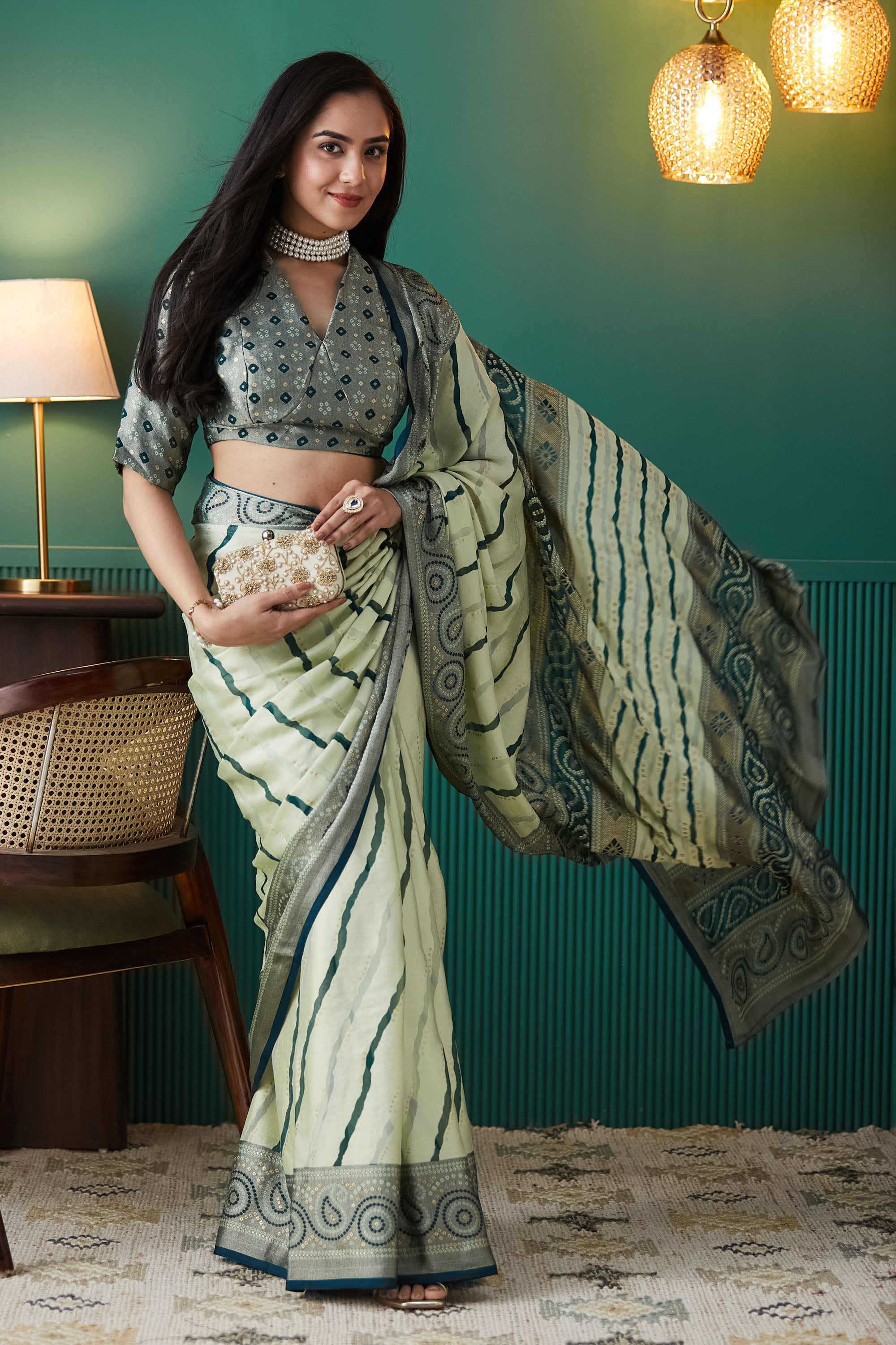 Leheriya Printed Moss Brasso Saree With Foil Print Border