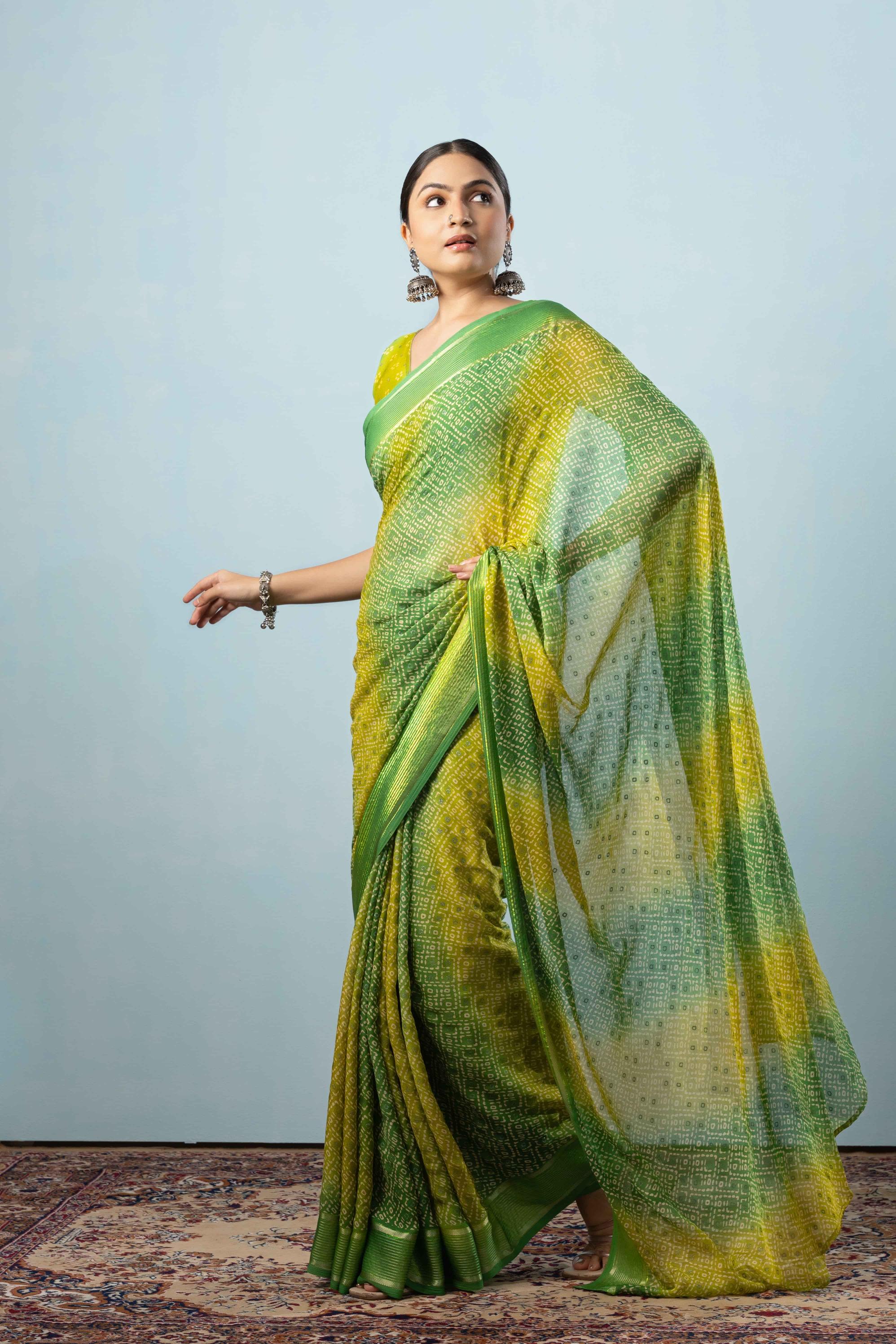 Bandhej Printed Moss Georgette Saree With Viscose Border