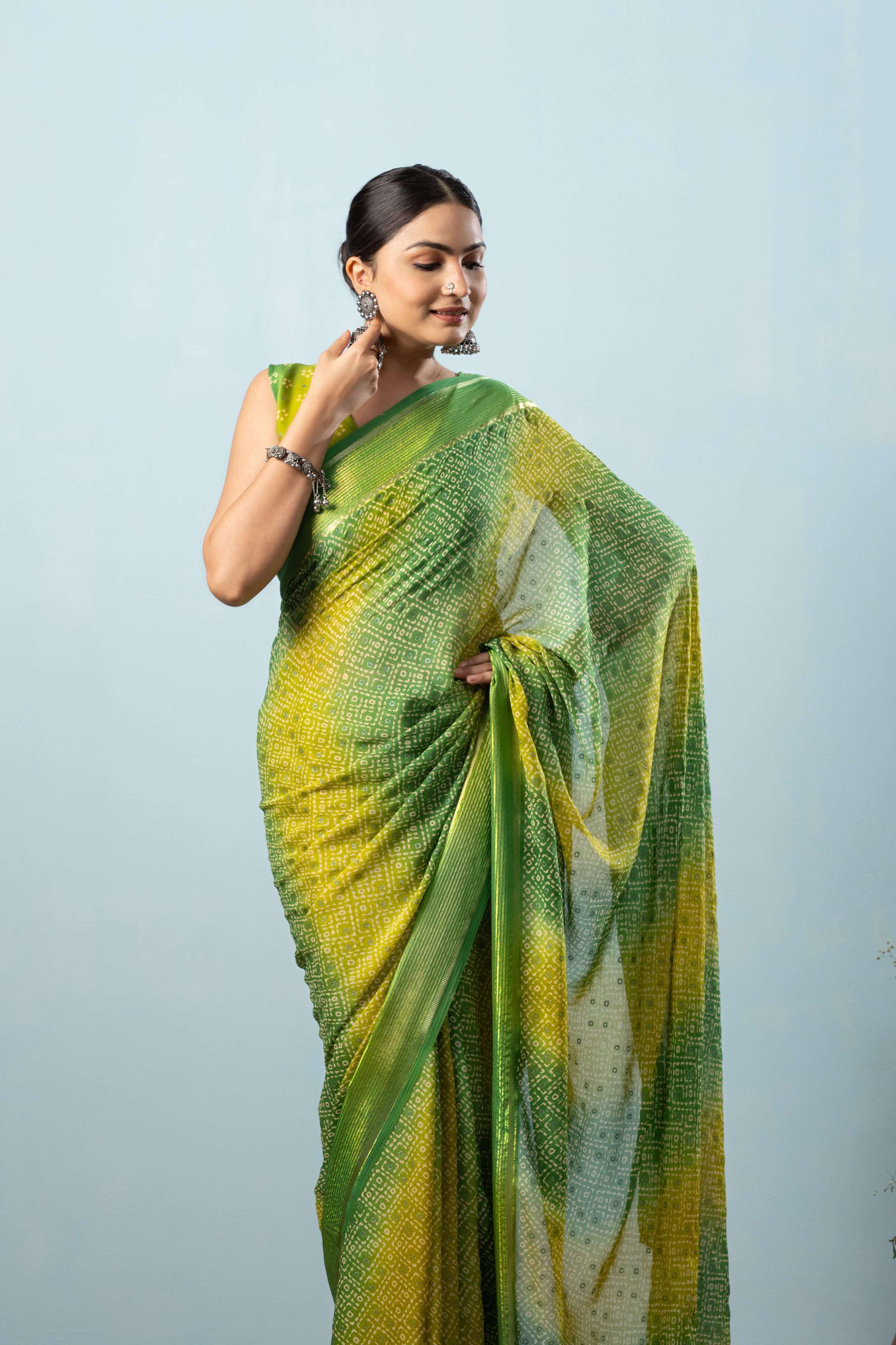 Bandhej Printed Moss Georgette Saree With Viscose Border