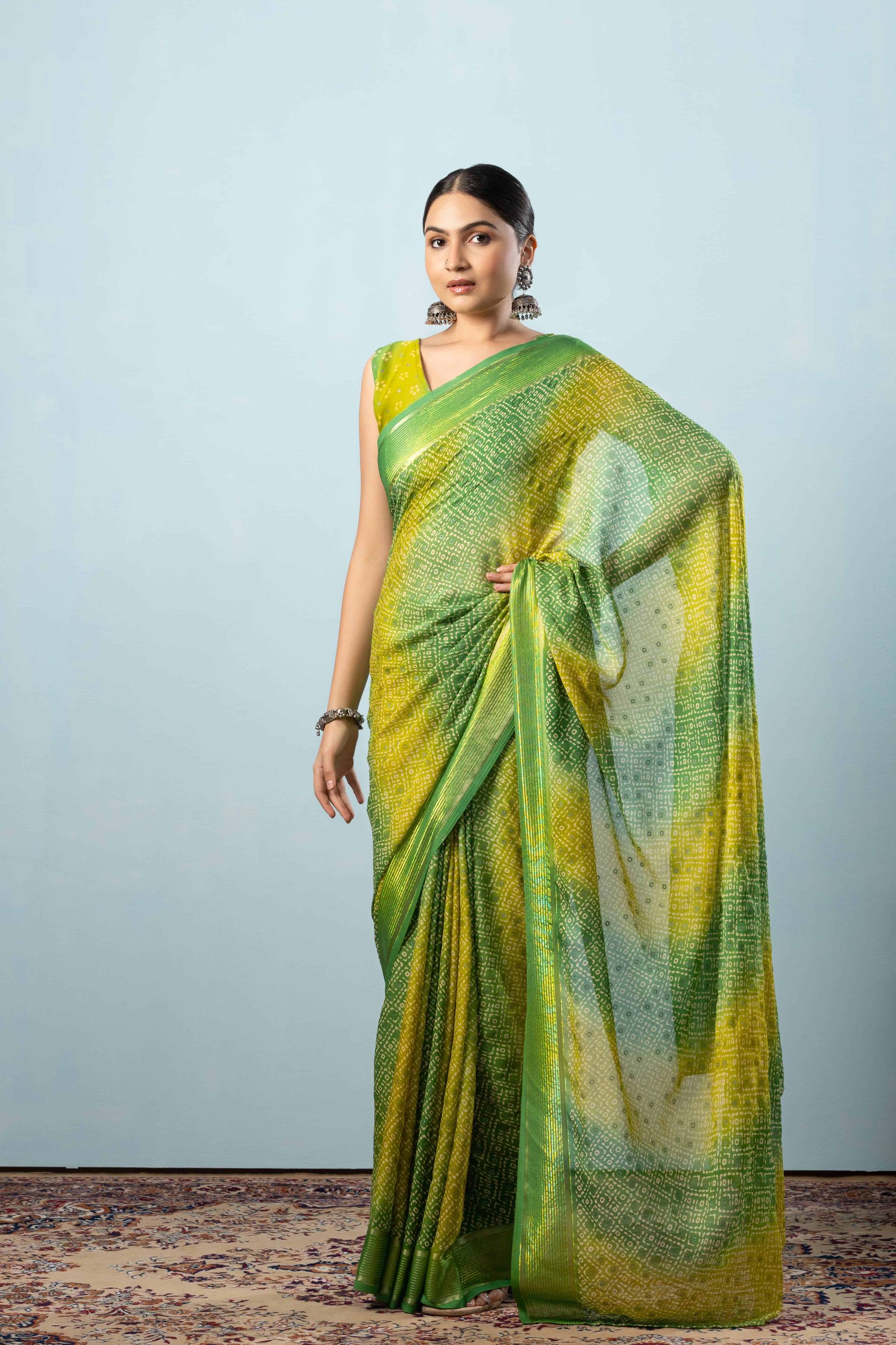 Bandhej Printed Moss Georgette Saree With Viscose Border