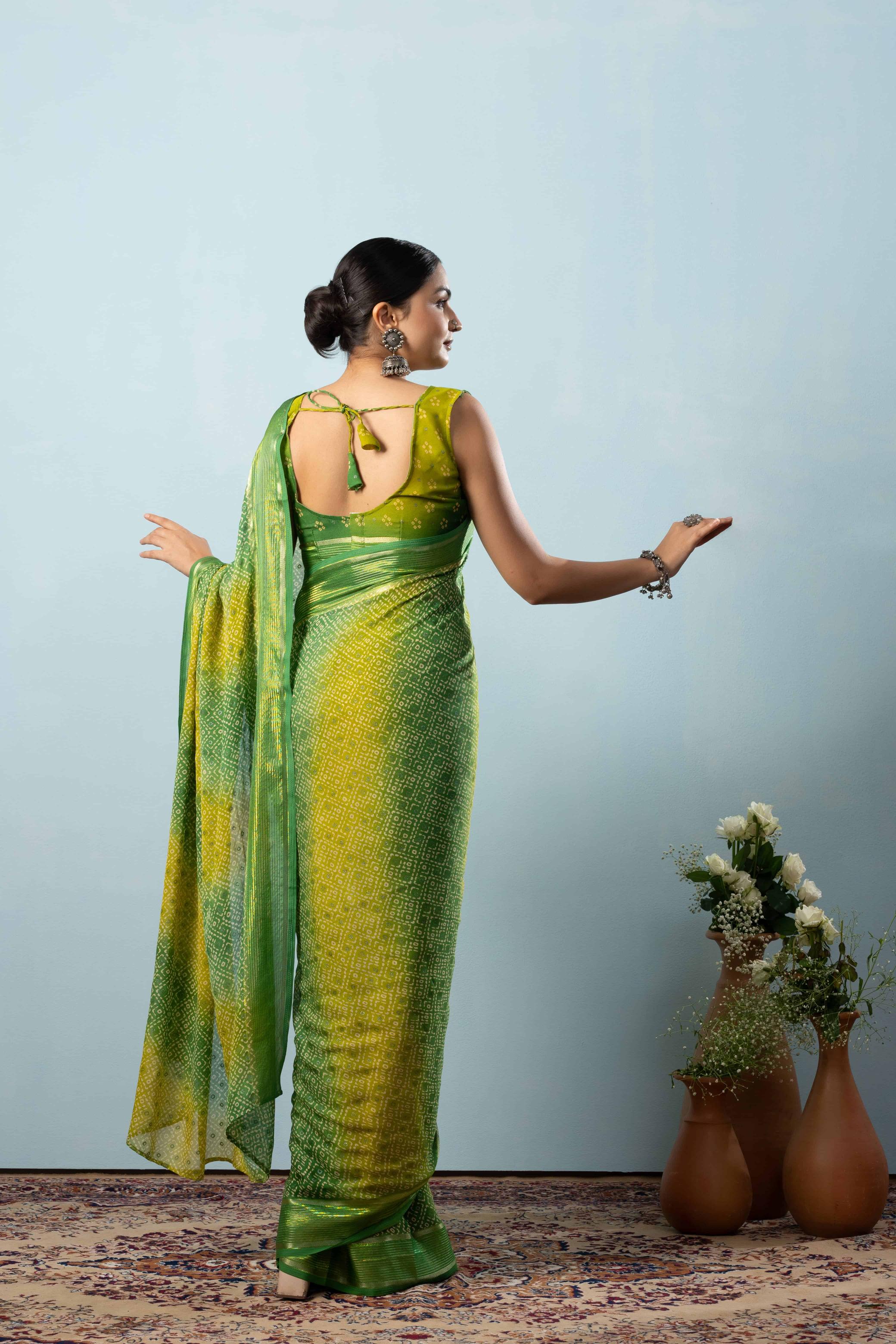 Bandhej Printed Moss Georgette Saree With Viscose Border