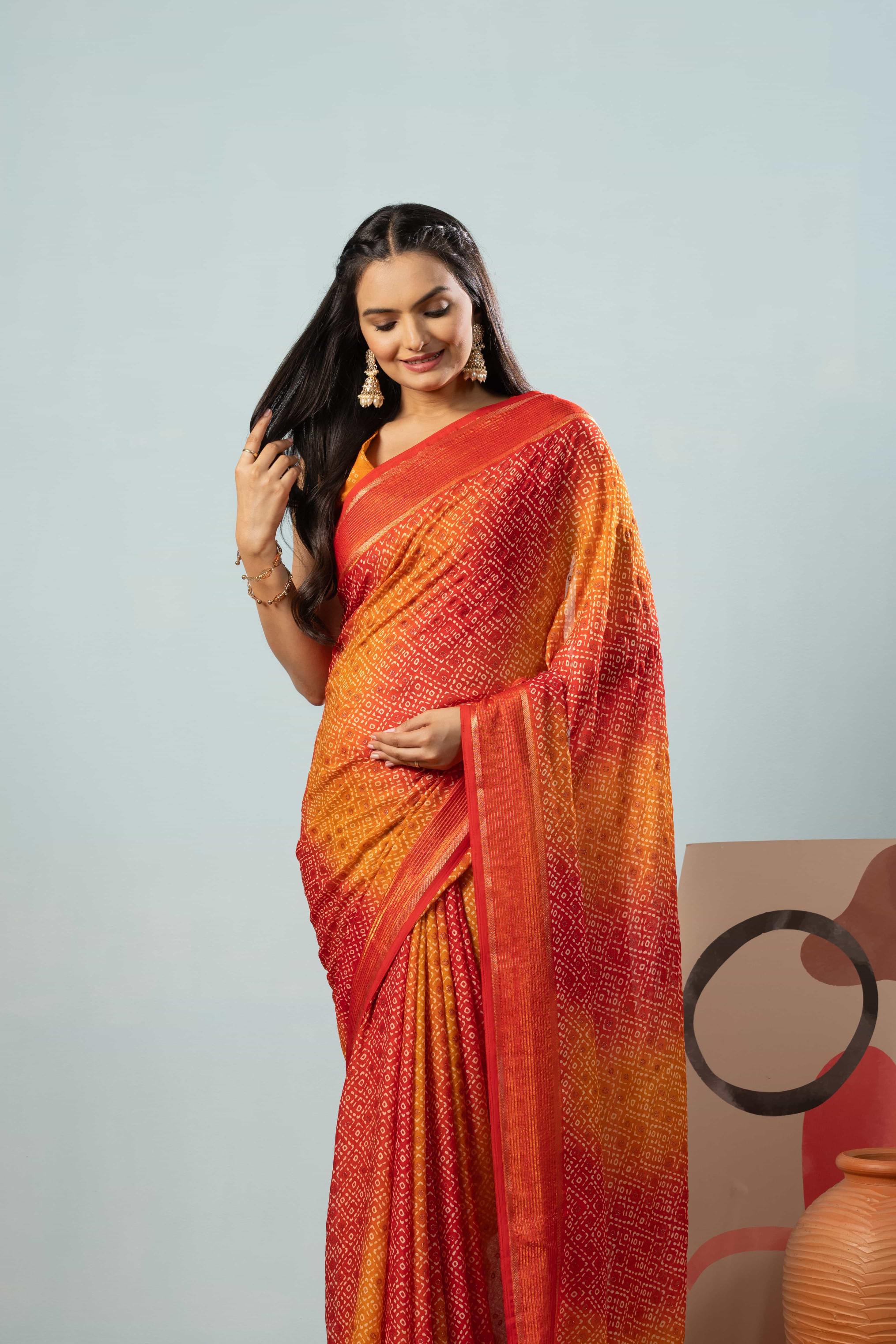 RACHNA Bandhani Poly Georgette Ready to Wear Saree