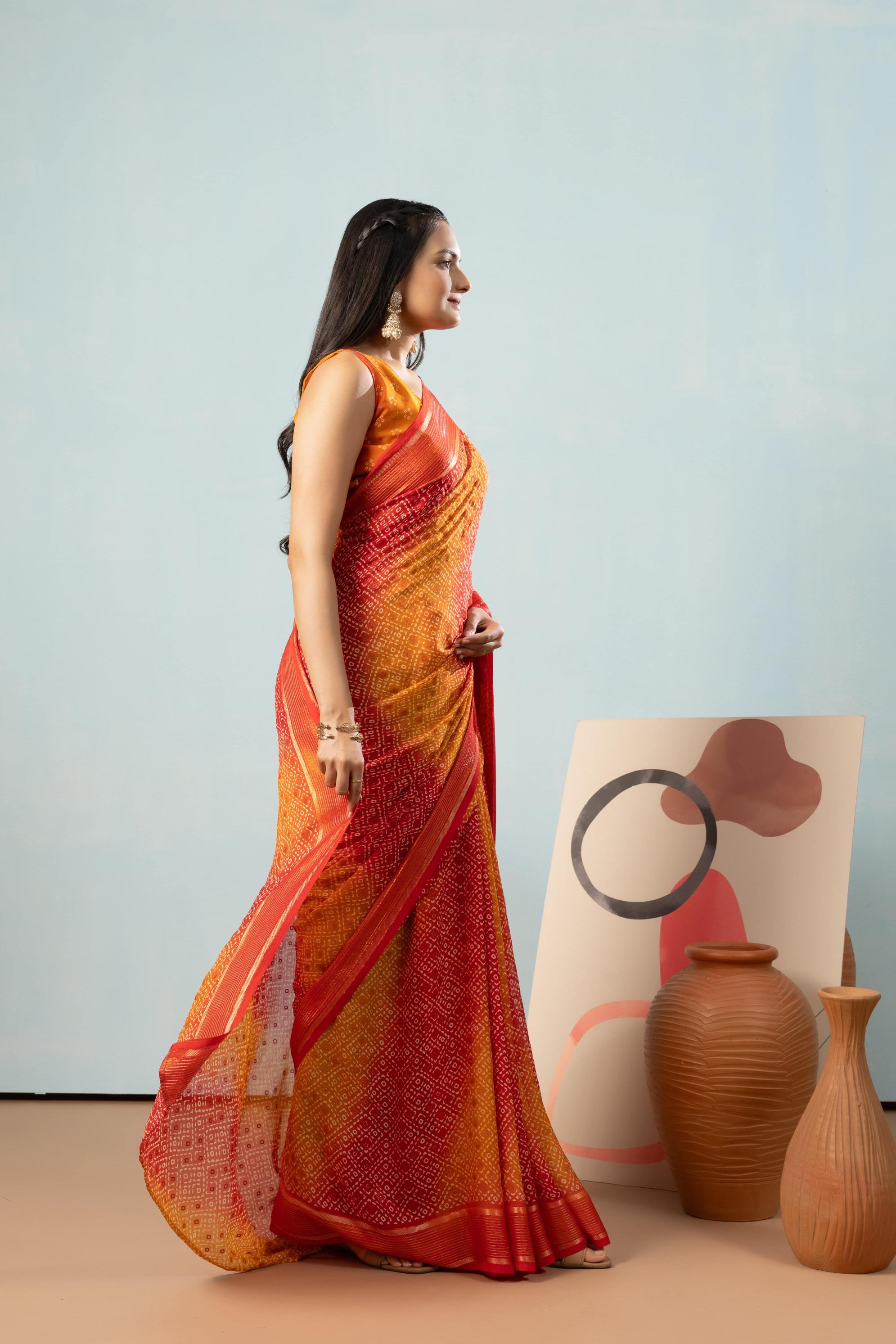 RACHNA Bandhani Poly Georgette Ready to Wear Saree