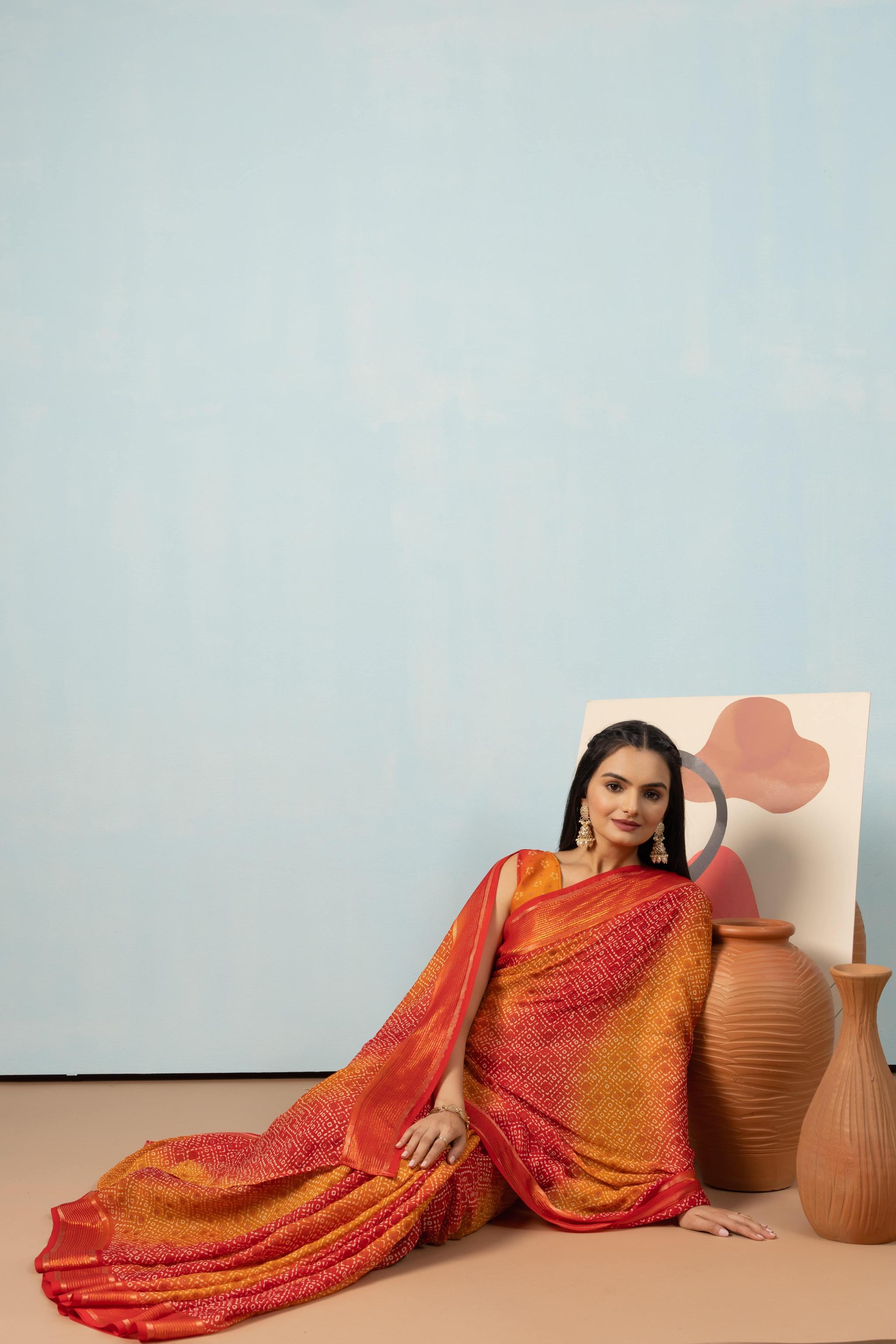 RACHNA Bandhani Poly Georgette Ready to Wear Saree