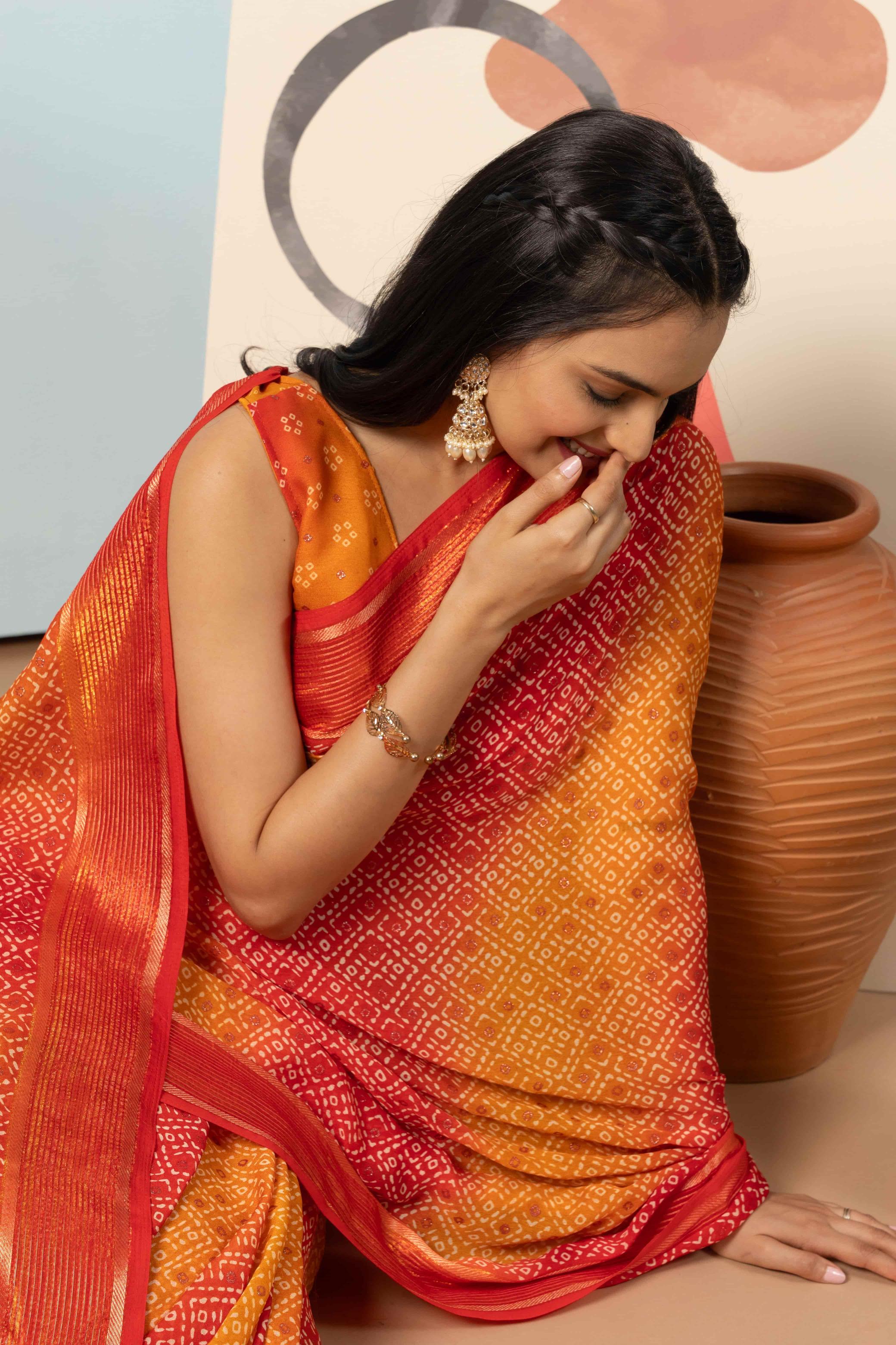 RACHNA Bandhani Poly Georgette Ready to Wear Saree