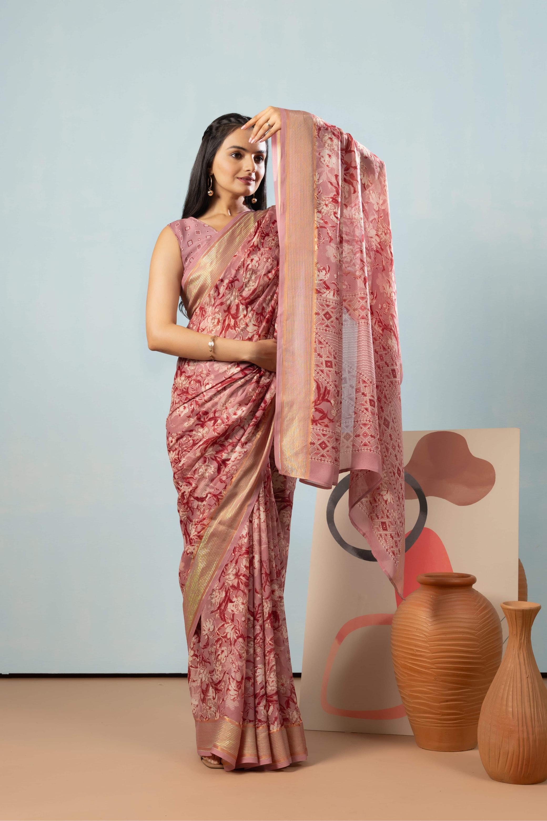 RACHNA Floral Zari Poly Georgette Ready to wear Saree