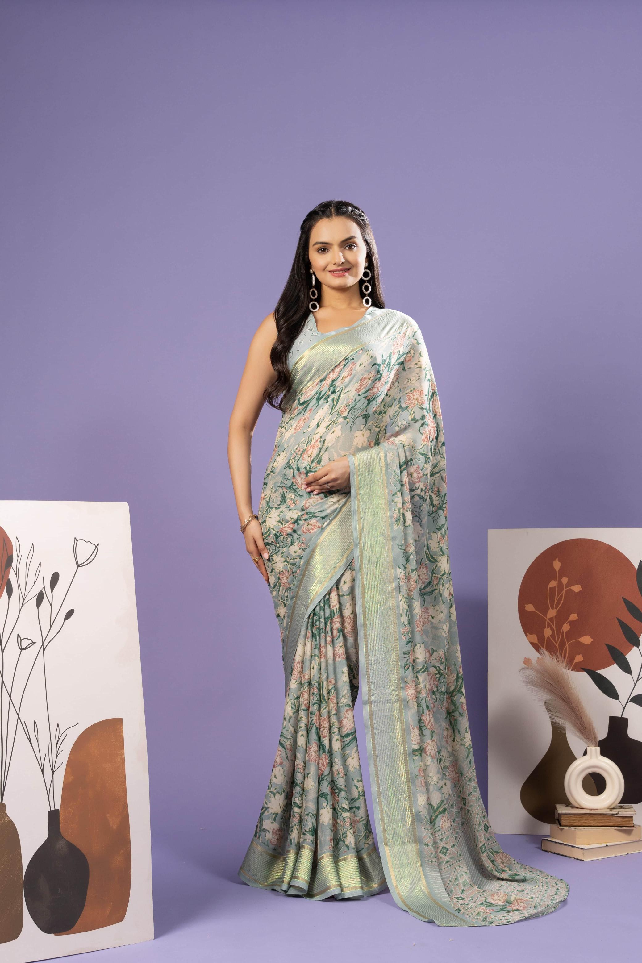 RACHNA Floral Zari Poly Georgette Ready to Wear Saree