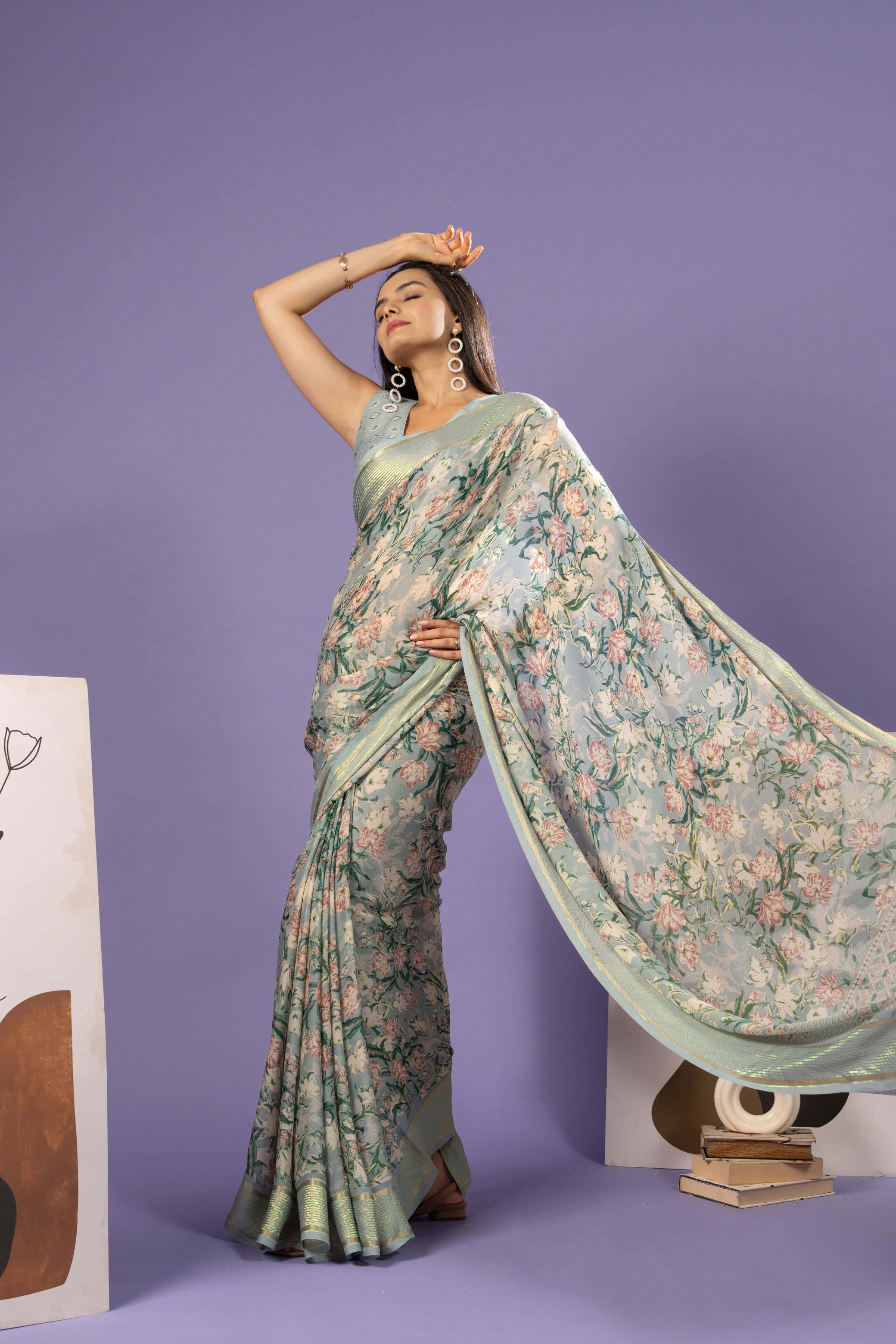 RACHNA Floral Zari Poly Georgette Ready to Wear Saree