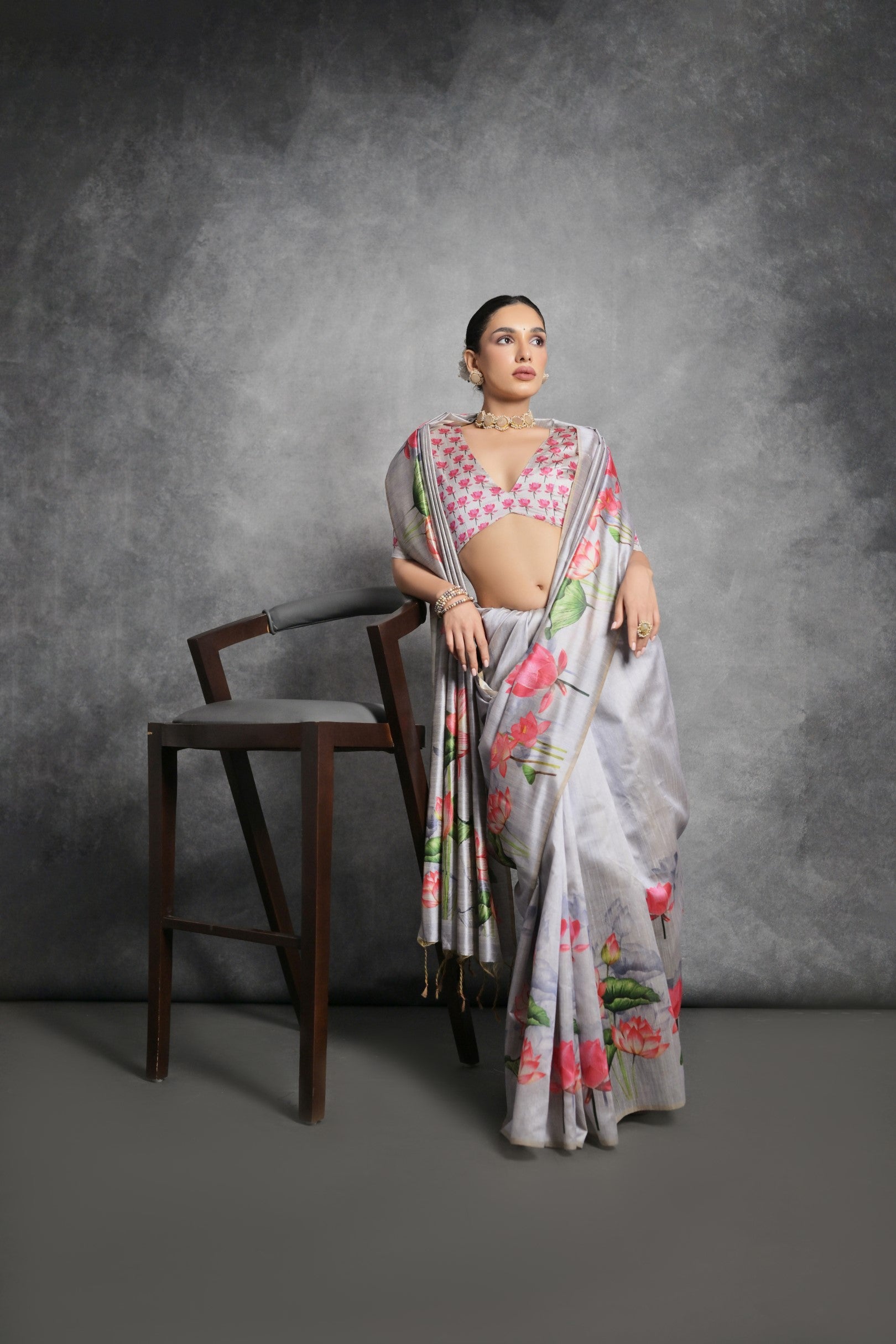 Grey Printed Soft Tussar Silk Designer Saree