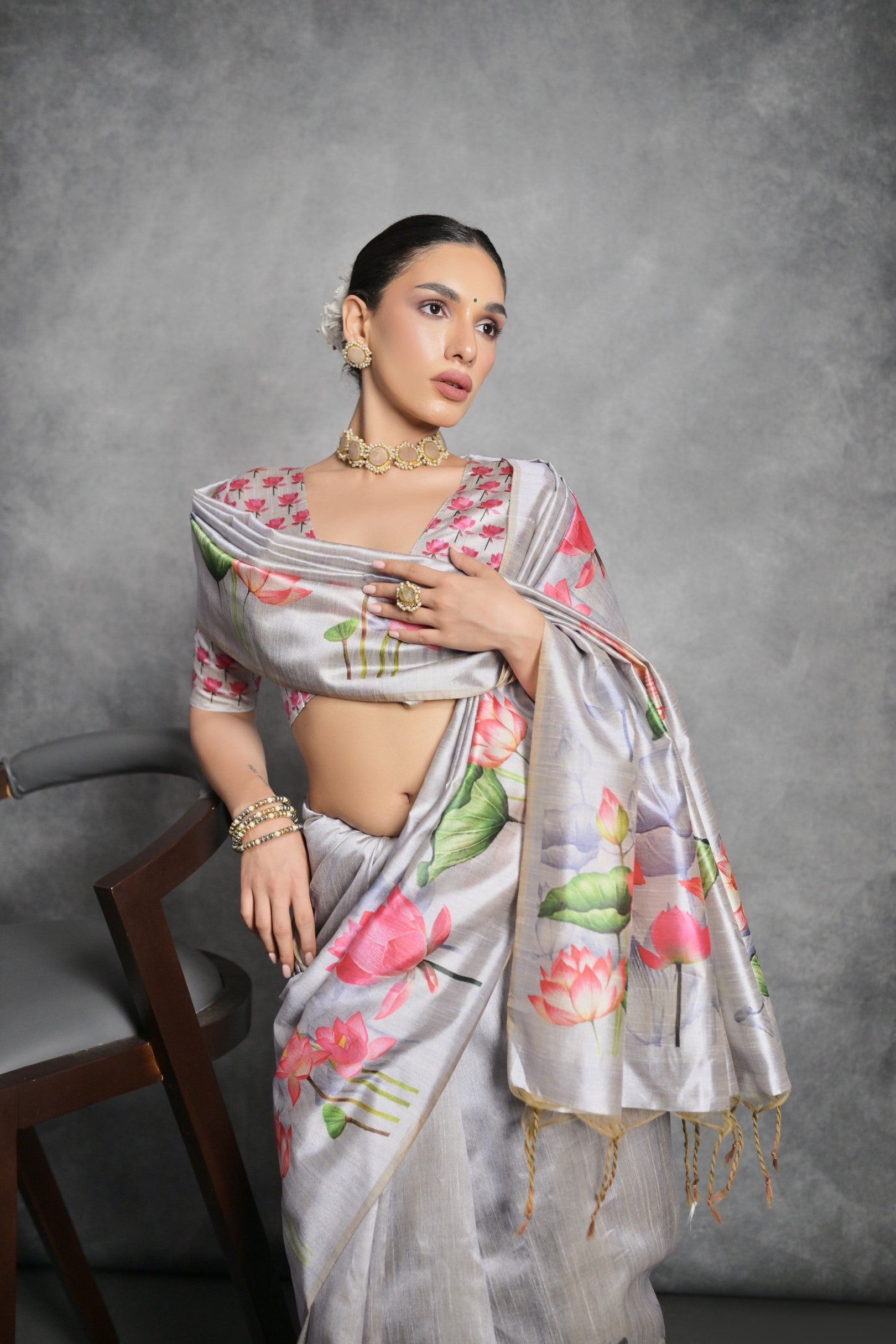 Grey Printed Soft Tussar Silk Designer Saree