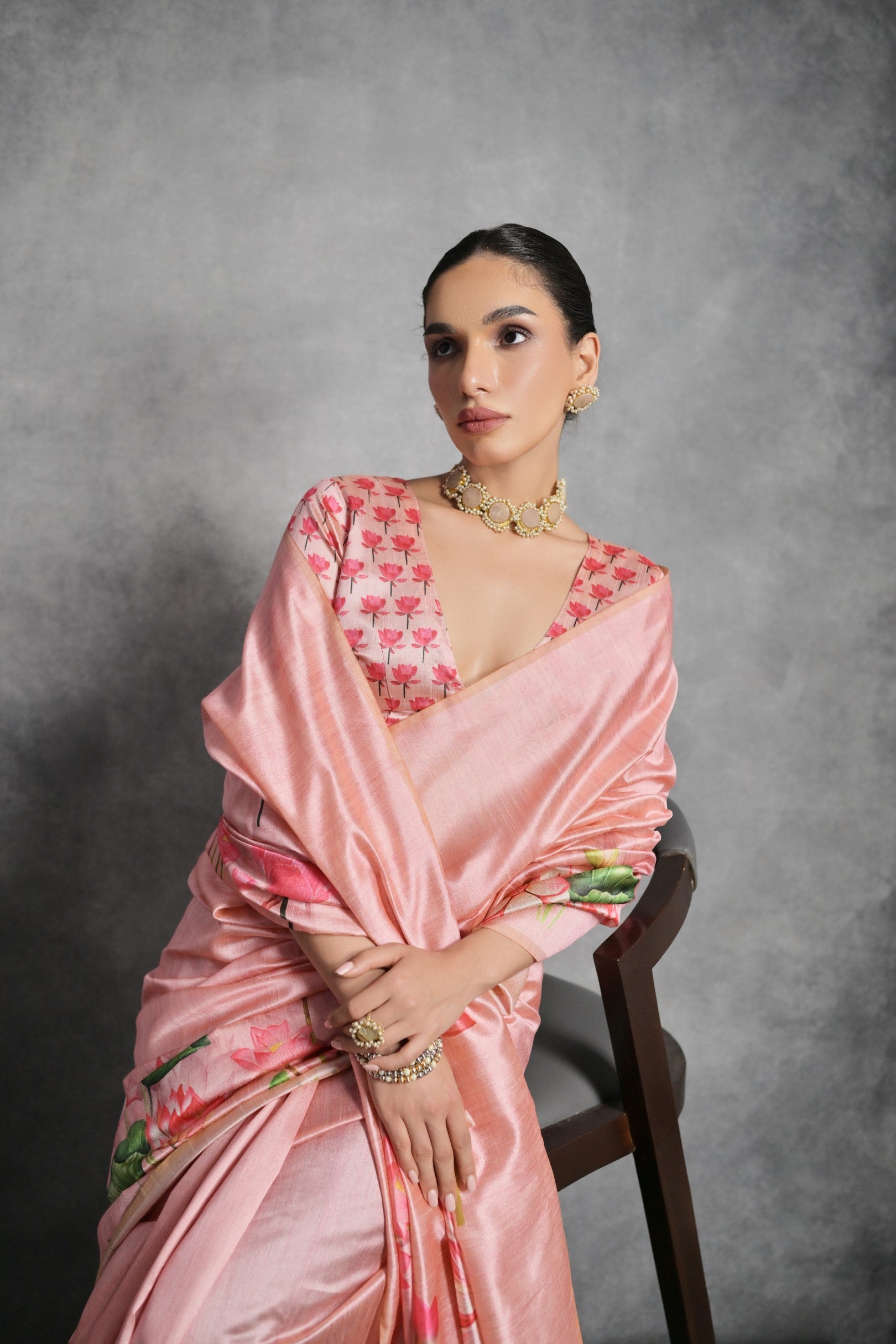 Peach Printed Soft Tussar Silk Designer Saree