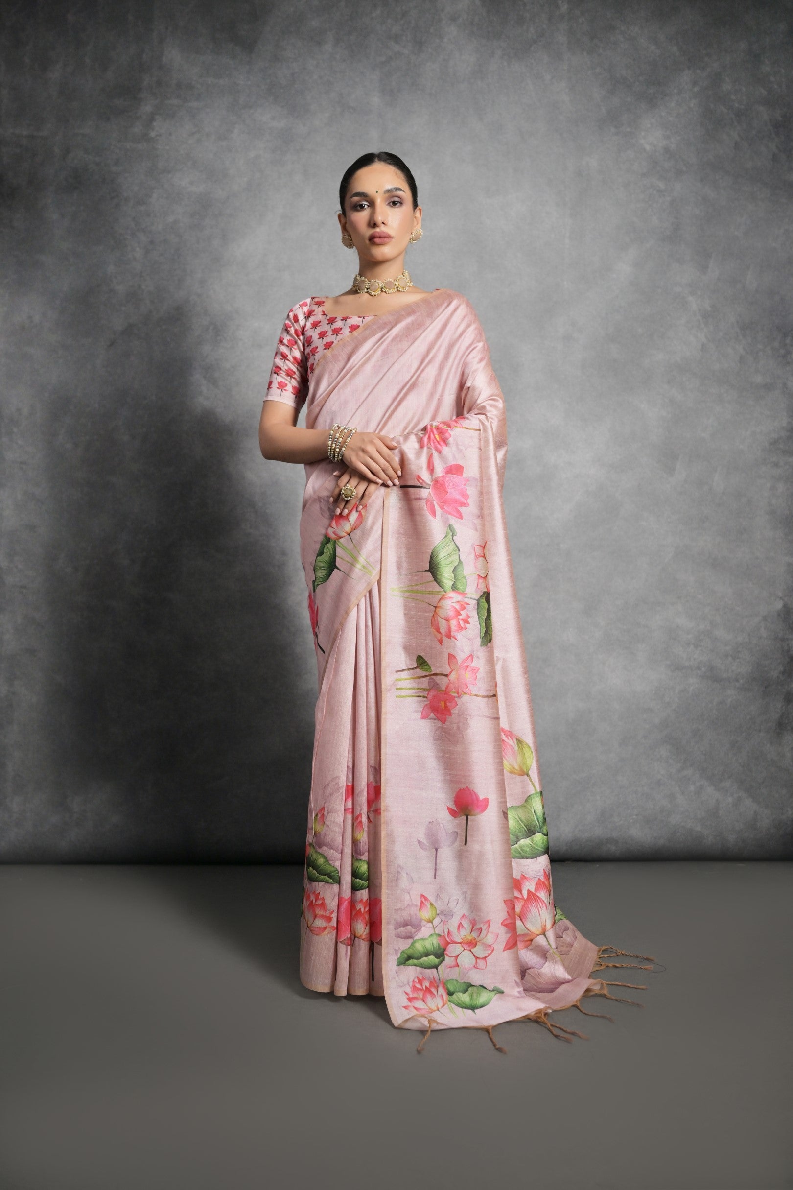Pink Printed Soft Tussar Silk Designer Saree