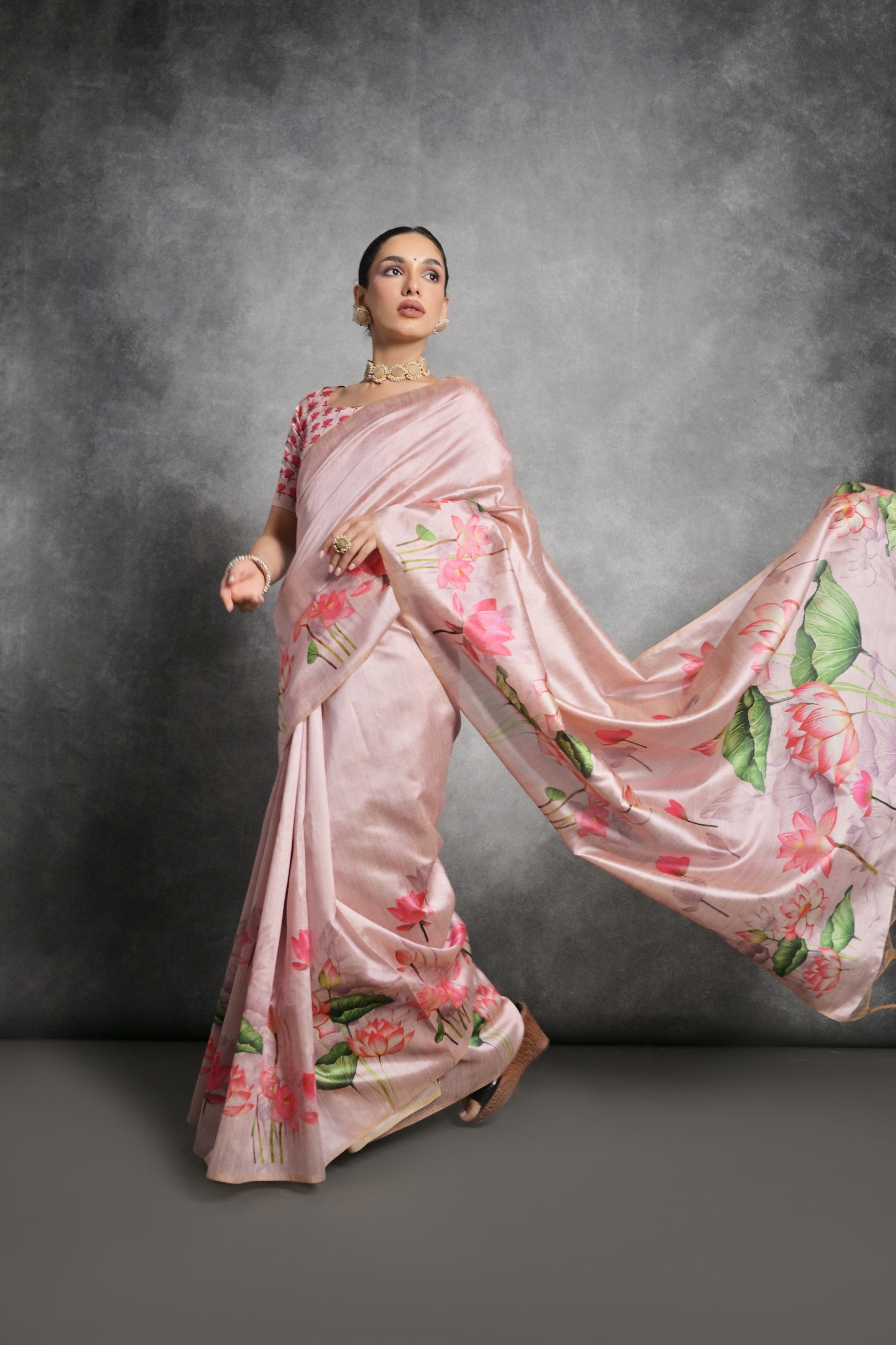 Pink Printed Soft Tussar Silk Designer Saree