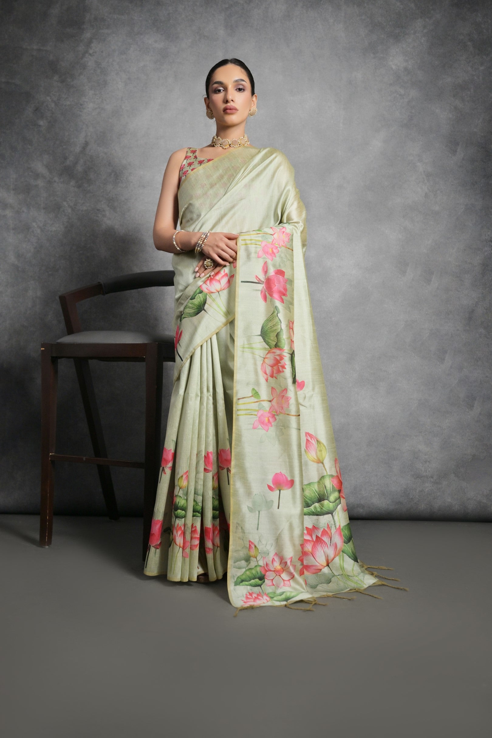 Pista Printed Soft Tussar Silk Designer Saree