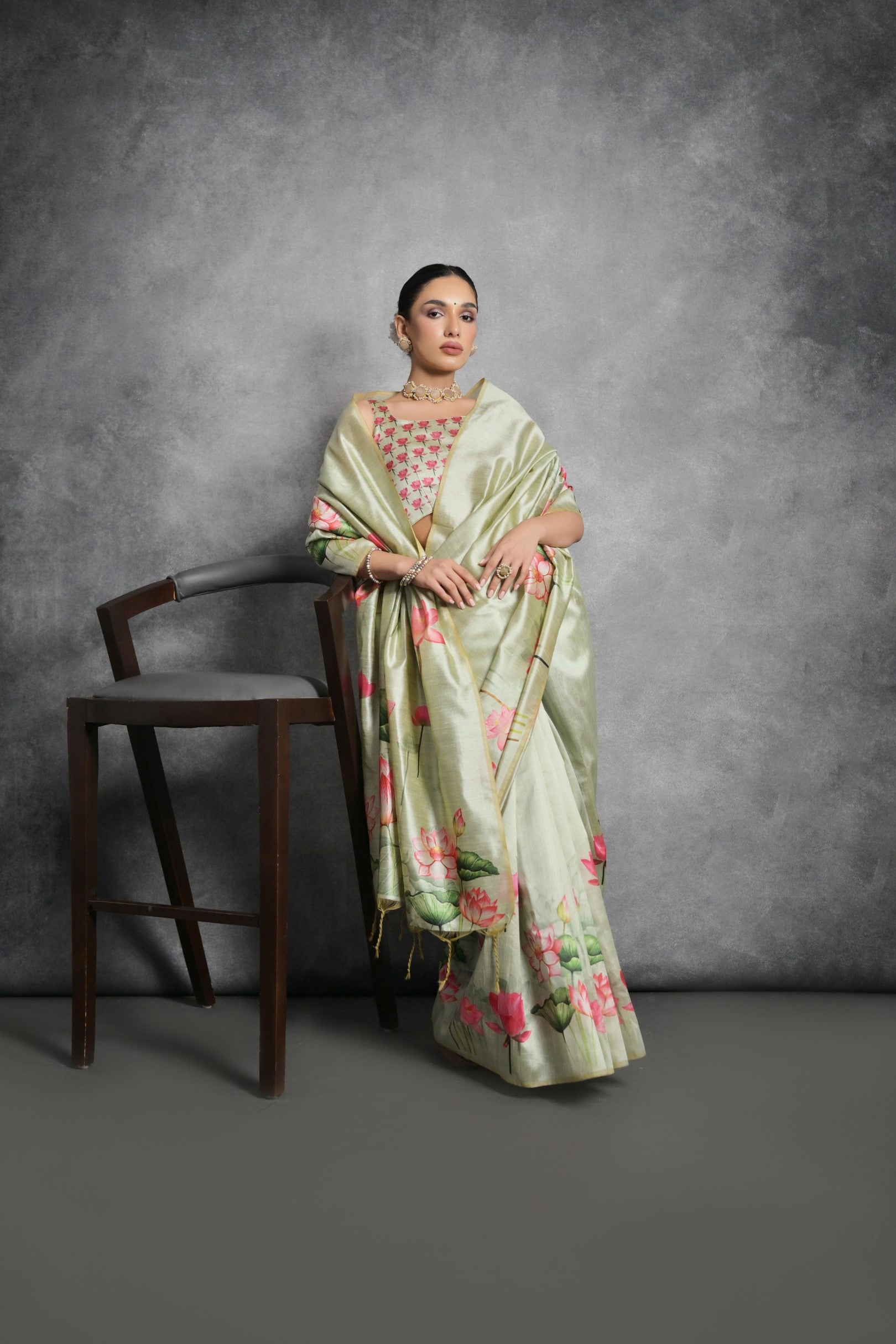 Pista Printed Soft Tussar Silk Designer Saree