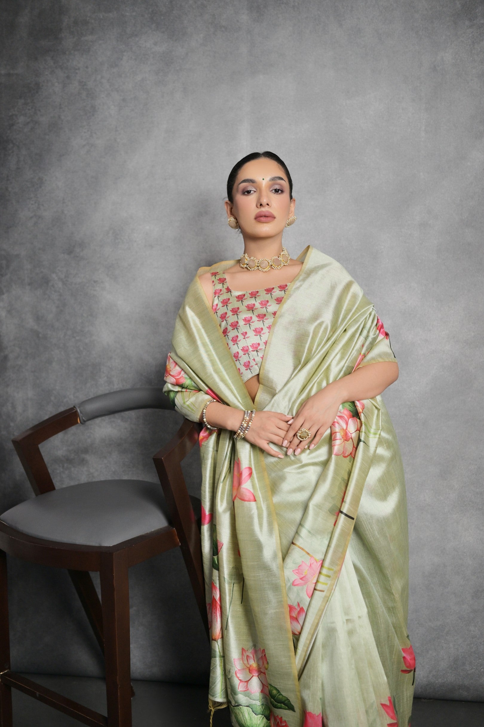 Pista Printed Soft Tussar Silk Designer Saree