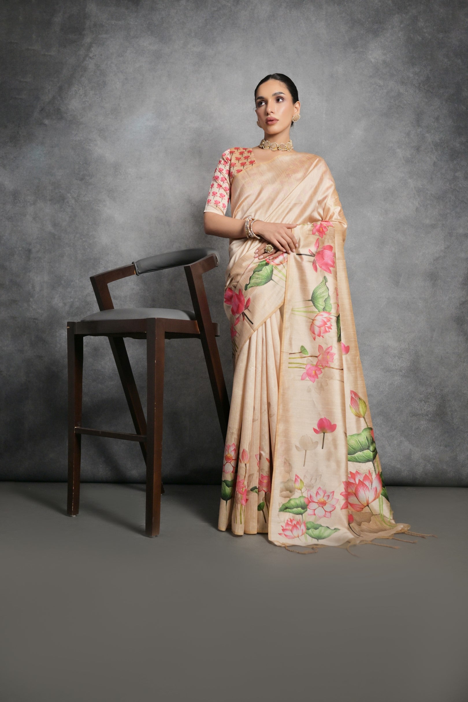 Yellow Printed Soft Tussar Silk Designer Saree