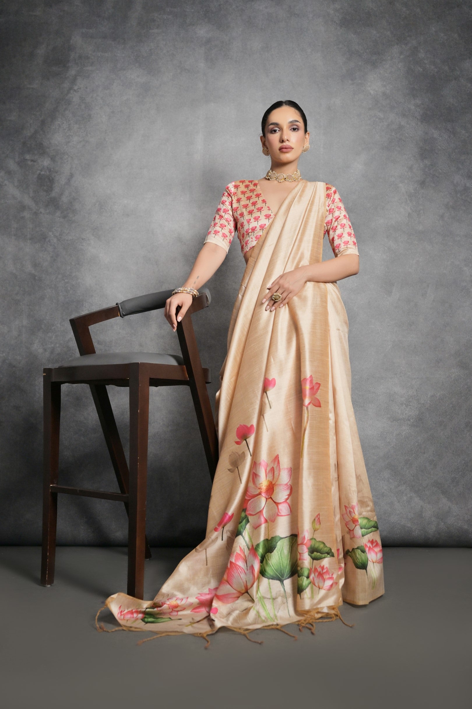 Yellow Printed Soft Tussar Silk Designer Saree