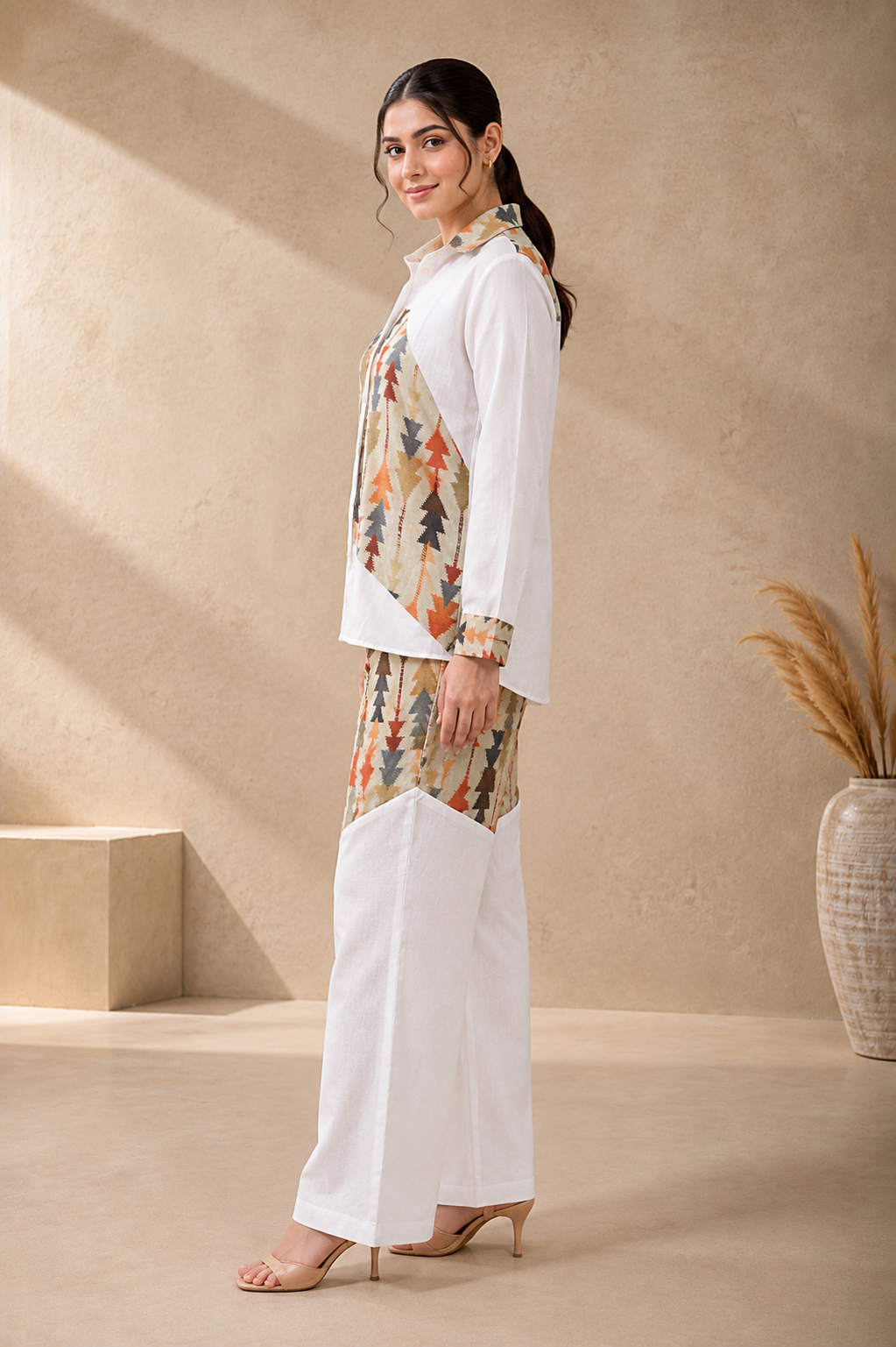Pista Color Geometric Print Linen Co-Ord Set For Women
