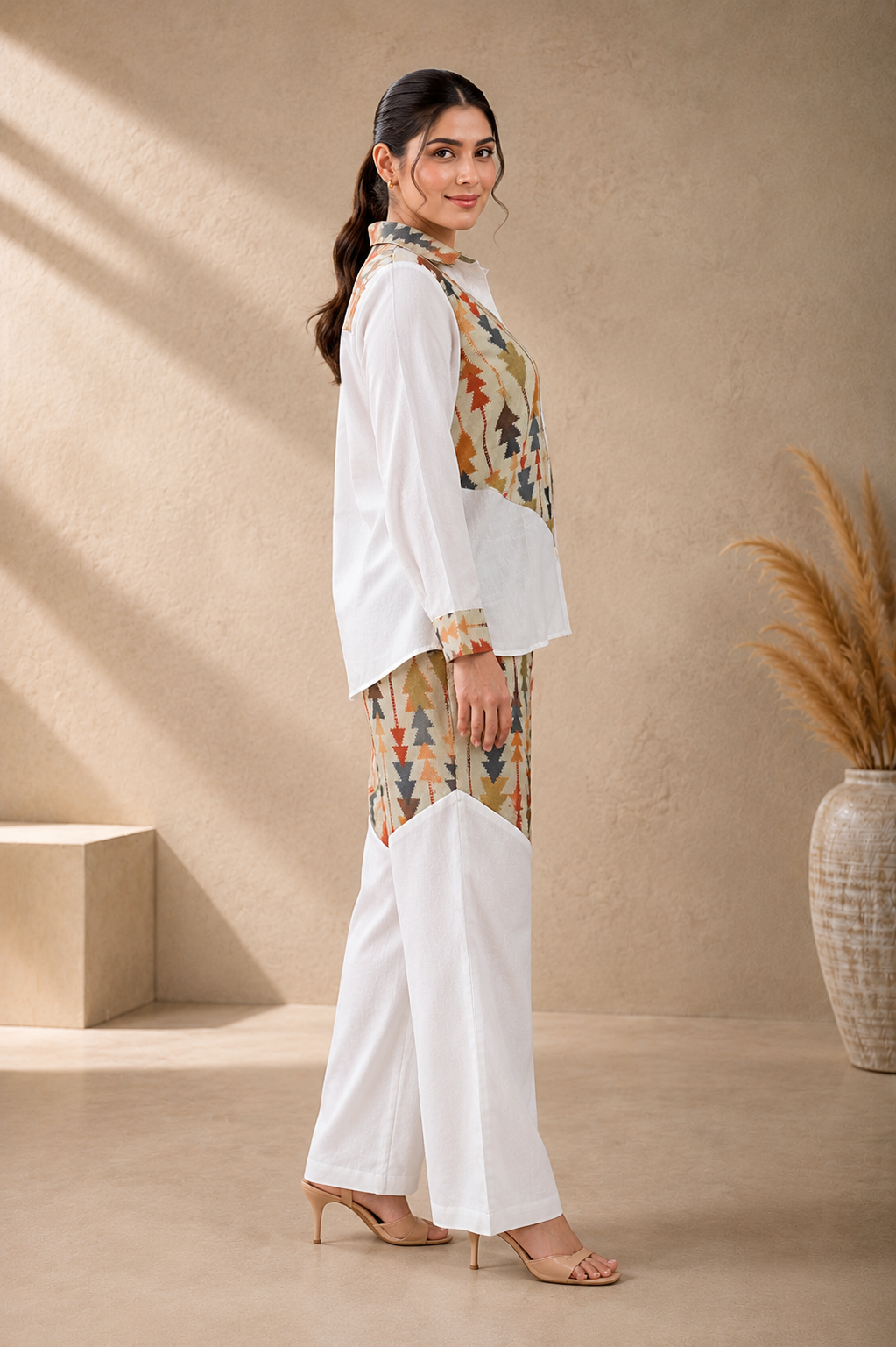 Pista Color Geometric Print Linen Co-Ord Set For Women