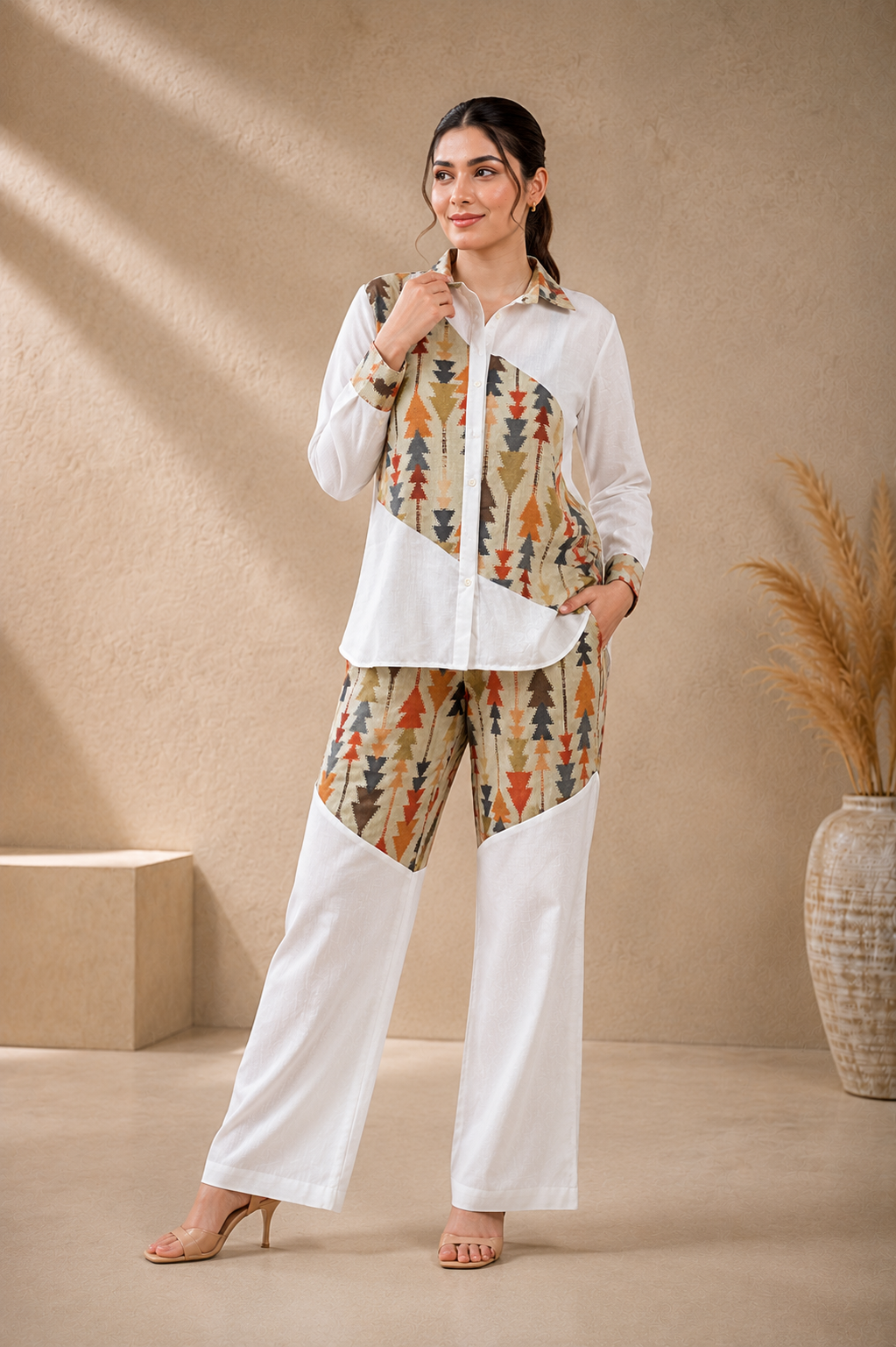 Pista Color Geometric Print Linen Co-Ord Set For Women